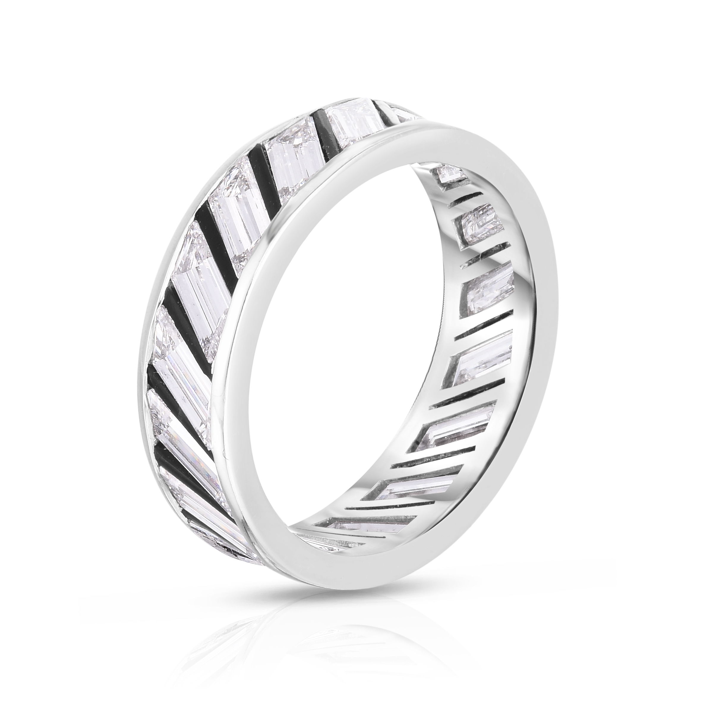This eternity band features a sleek onyx inlay, creating a striking contrast with the baguette diamonds. Perfect for daily wear or special occasions, this ring is promised to impress. Cicada atelier is located in the heart of the New York City jewelry district on 47th street, where each unique piece is meticulously handcrafted.-Platinum -Baguette diamonds, 2.68cts -Size 7Item# 804-00774 Diamond & Onyx Inlay Ring