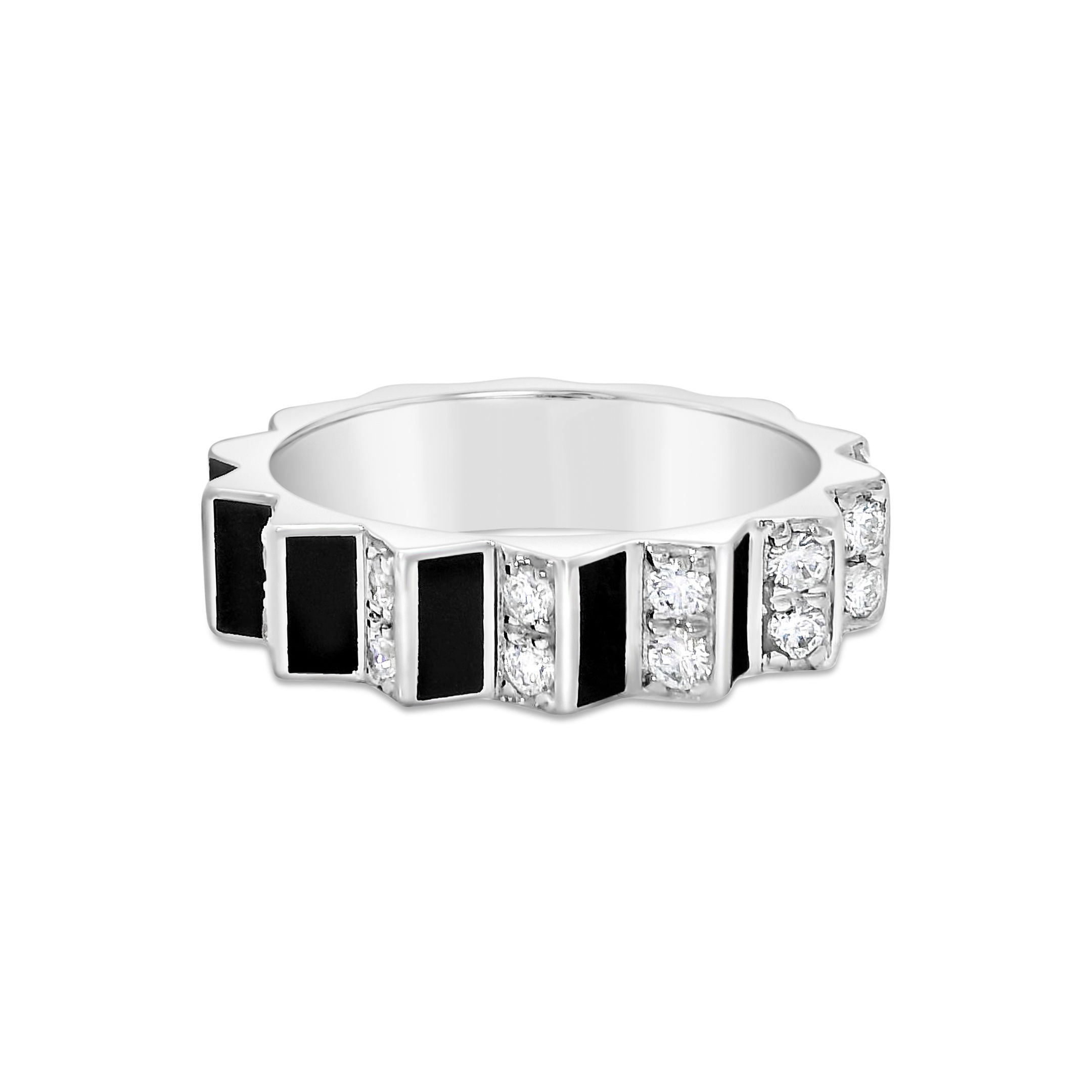 This sophisticated band consists of round diamonds & hard enamel. Perfect for daily wear or special occasion, this ring is a classy addition for any jewelry collection. Cicada atelier is located in the heart of the New York City jewelry district on 47th street, where each unique piece is meticulously handcrafted. -18K White gold-Round diamonds, 0.65cts-Size 6.5, Contact for sizing optionsItem# 804-00775 Diamond & Enamel Ring