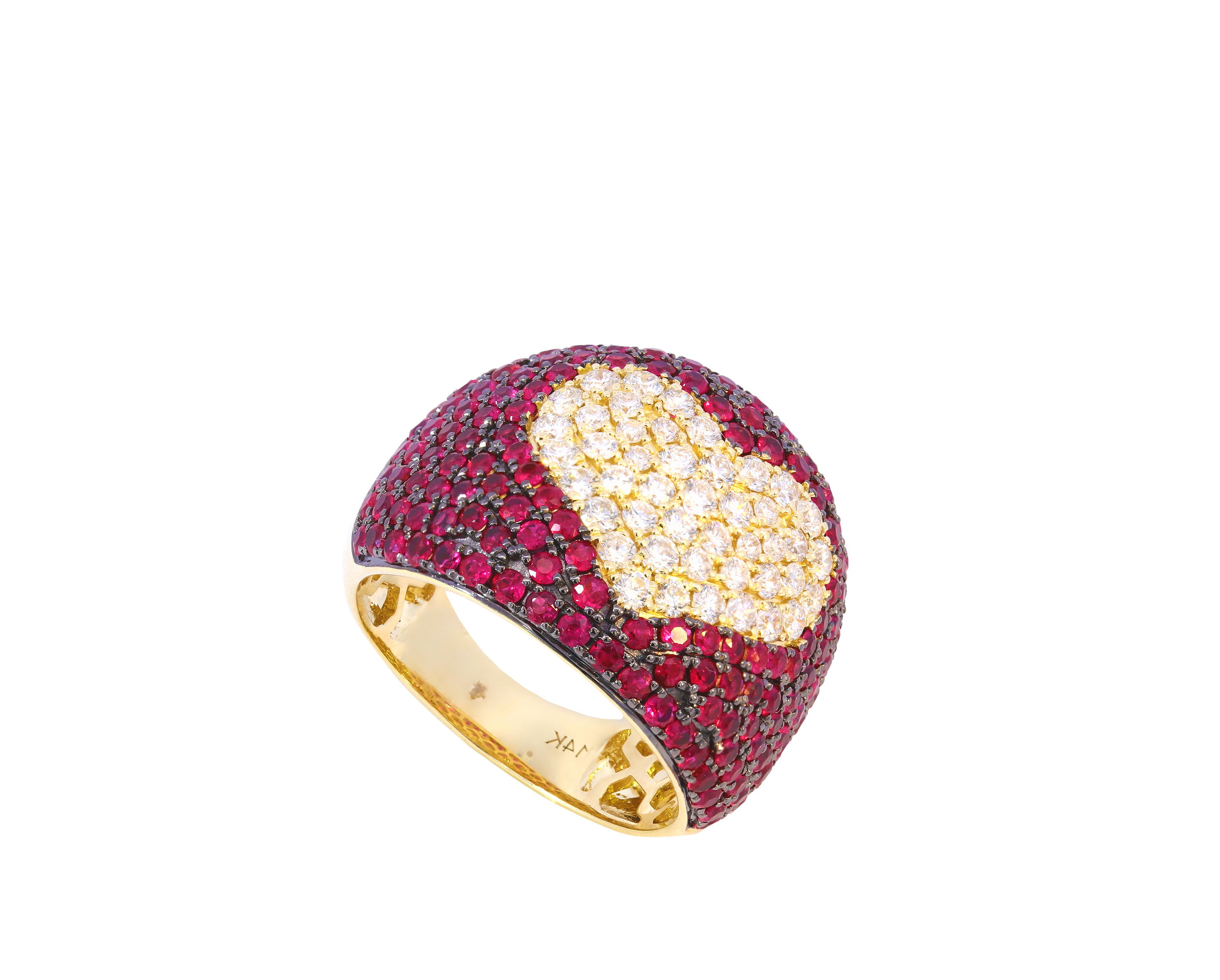 Radiating charm and romance, this ring features sparkling diamonds arranged in a heart shape, framed by vivid red rubies. A bold expression of love, it’s the perfect piece to celebrate life’s most heartfelt moments.-14k Yellow gold-Round diamonds, 0.94cts-Round rubies, 2.33cts-Size 6Item# 804-00784 Ruby Heart Ring