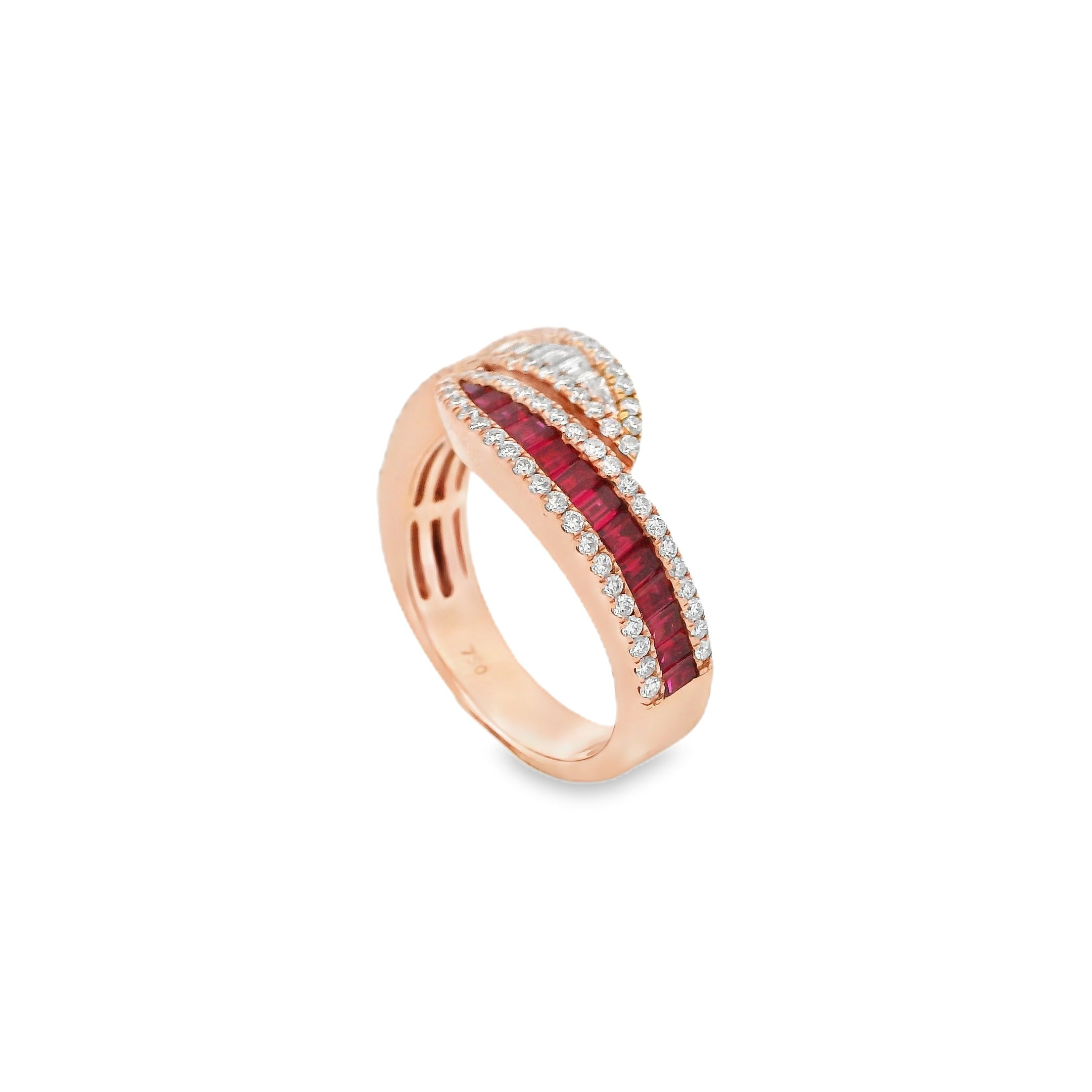 This stunning bypass ring showcases a striking combination of brilliant diamonds and rich rubies, symbolizing passion and elegance. The flowing design wraps gracefully around the finger, creating a modern yet timeless look. Perfect for adding a touch of sophistication to any jewelry collection.-18k Rose gold-Round, Baguette diamonds, 0.81cts-Baguette Rubies, 0.85cts-Size 7, Contact For Sizing OptionsItem# 804-00794 Ruby & Diamond Ring