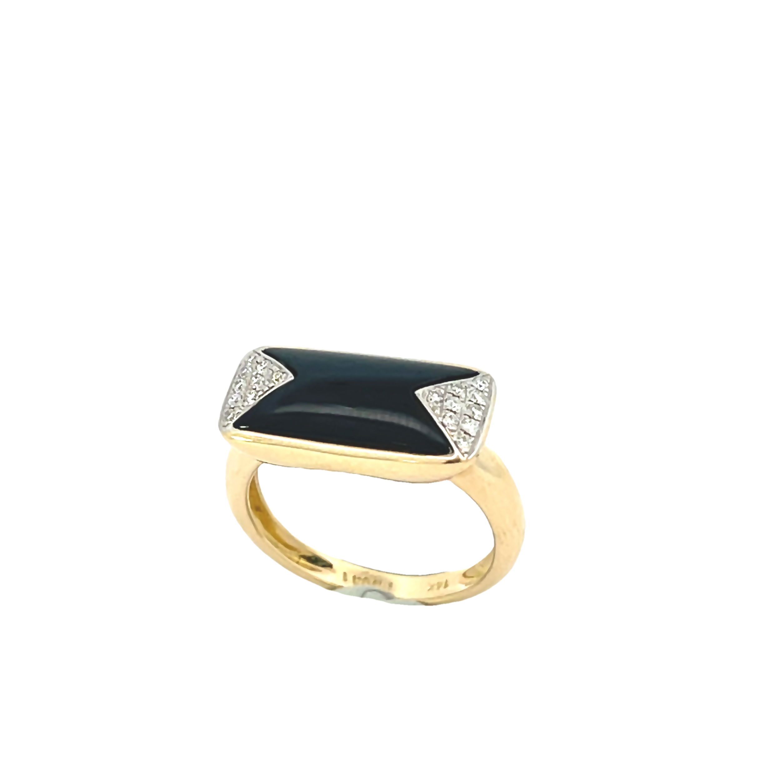 This black onyx & diamond ring boasts elegance and a touch of edge. Perfect for daily wear or special occasion, this ring will pull your outfit together.-14K Yellow gold-Round diamonds, 0.11cts-Size 6.5, Contact for sizing optionsItem# 804-00801 Black Onyx Ring