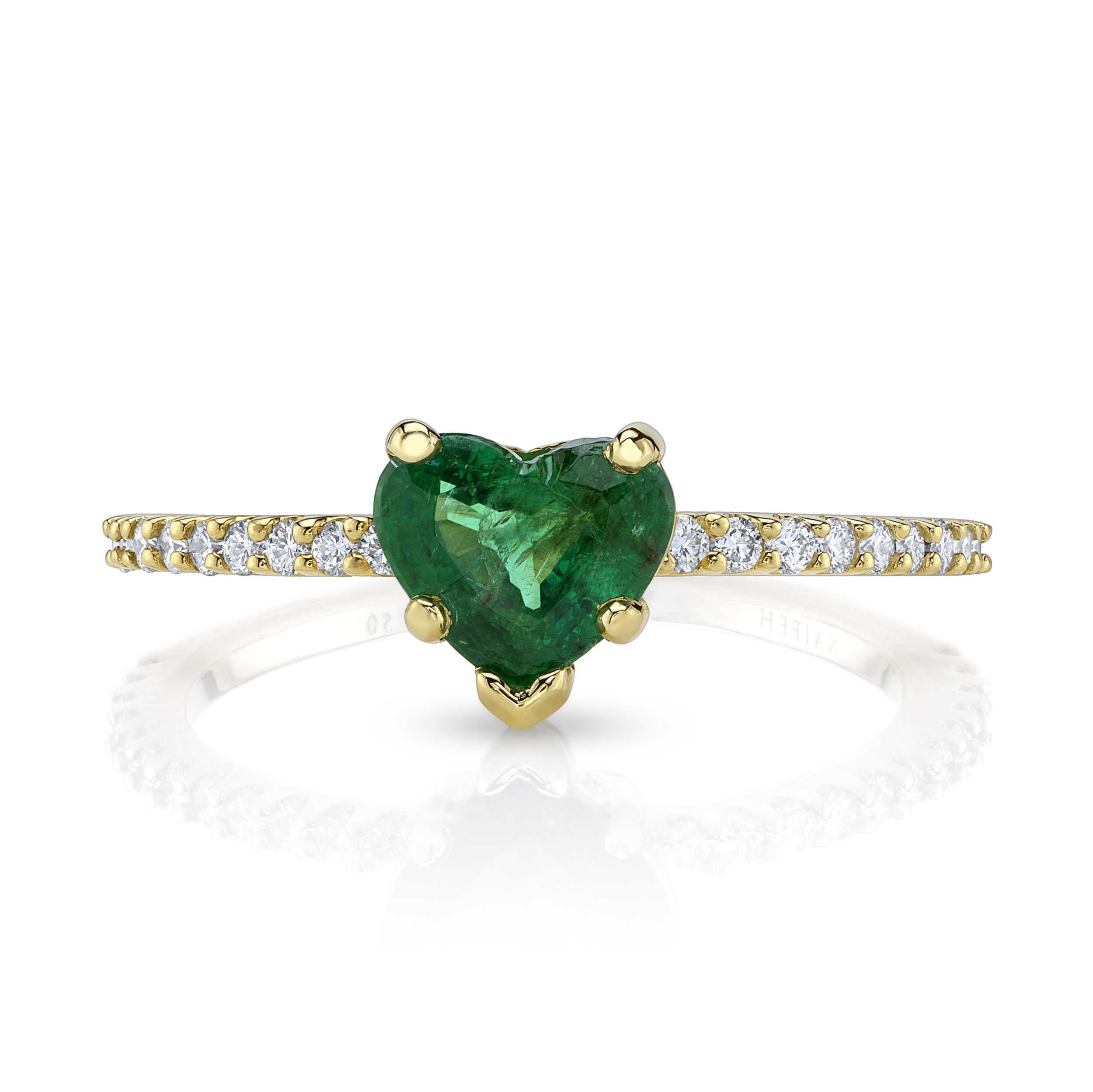 The "Ever Green Heart" ring showcases a stunning emerald heart surrounded by sparkling round diamonds, all set in 18k yellow gold. A timeless piece, it’s the perfect way to celebrate lasting love and beauty.-18k Yellow gold-Emerald Heart, 0.89cts-Round diamonds, 0.23ctsItem# 804-00809 Ever Green Heart Ring