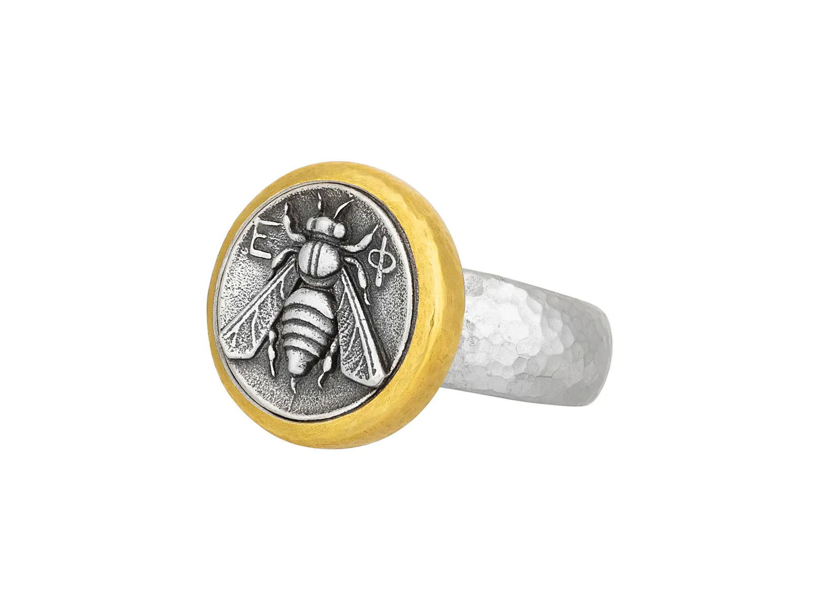 This sterling silver ring features a delicate bee design at its center, highlighted by a gold accent. A unique and stylish piece, it’s perfect for nature-inspired looks.-Sterling silver-24k Yellow goldItem# 001-804-00818 Bee Ring