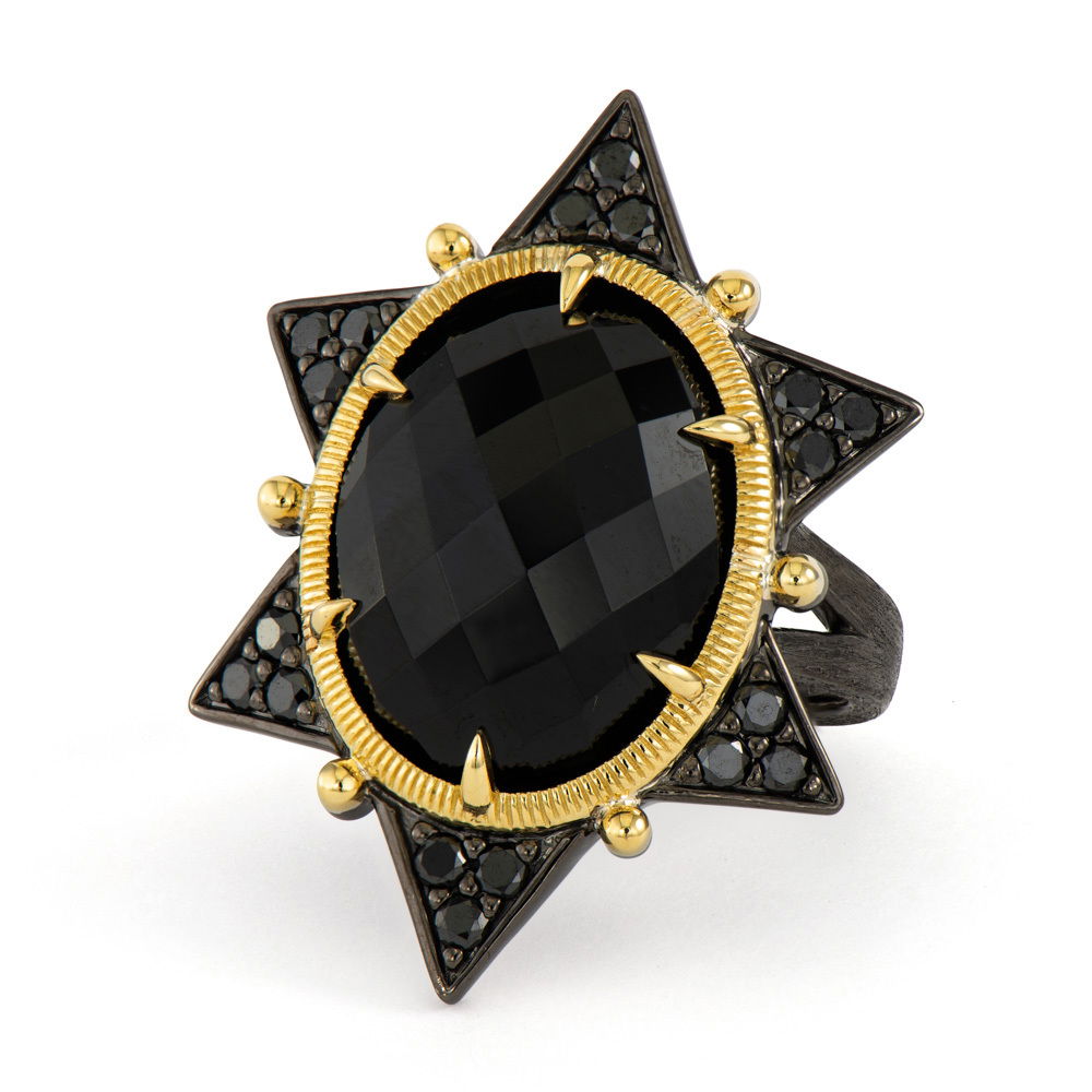 Combining classic elegance with on trend shapes and styles, JFJ offers something for women of all ages. This striking ring features a bold black spinel centerpiece, elegantly framed by shimmering black diamonds. Its sophisticated design makes it a standout piece, perfect for adding drama and elegance to any look.-18k Yellow gold-Sterling silver-Rhodium-Oval black spinel-Round black diamonds-Size, 7.5Item# 804-00834 Spinel Ring