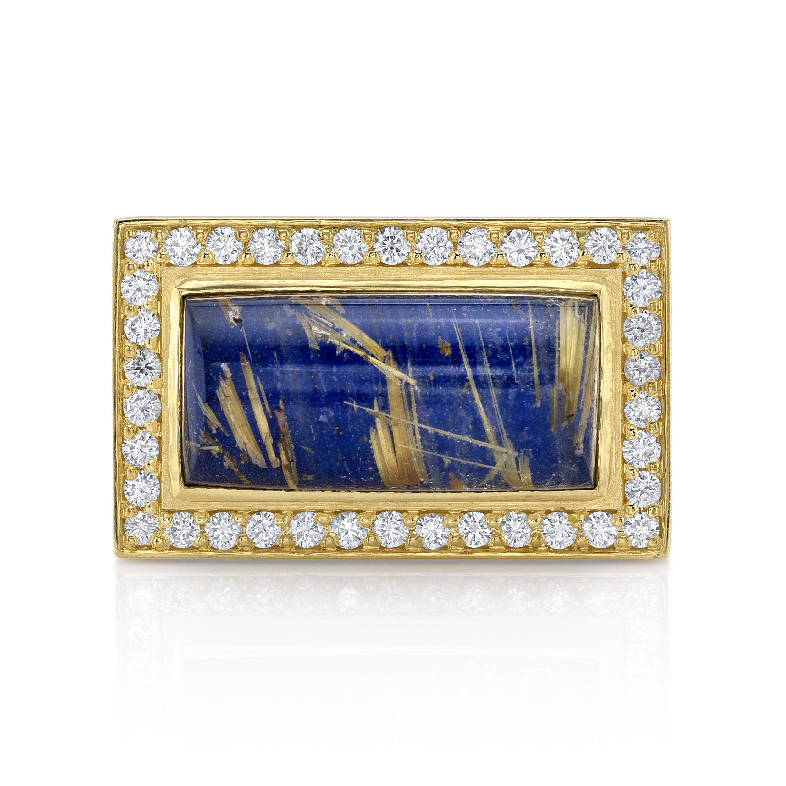 The Gilded Lapis Ring features a stunning lapis center, surrounded by 38 round diamonds set in 18k yellow gold and sterling silver. This glamorous piece is perfect for making a bold statement.-18k Yellow gold-Sterling silver-Rutilated quartz and lapis-Round diamonds, 0.57ctsItem# 804-00853 Gilded Lapis Ring