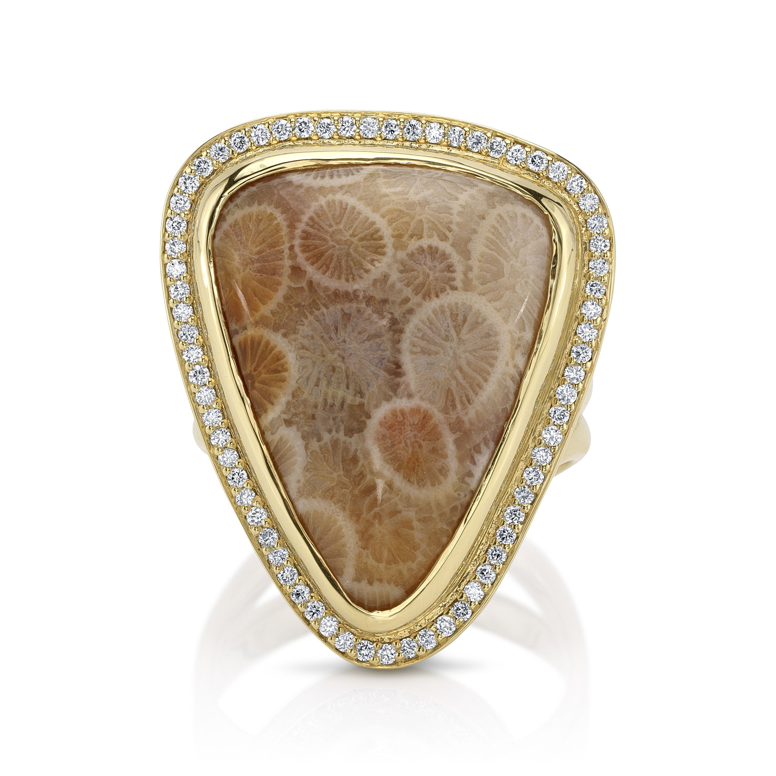Crafted from petrified coral, 69 round diamonds, and 18k gold, the Amara Triangle Ring is a captivating piece. Its triangle shape adds a distinctive charm, making it a unique stand-out addition to your jewelry collection.-18k Yellow gold-Petrified coral-Round diamonds, 0.35cts-Contact for sizing options.Item# 804-00855 Amara Triangle Ring
