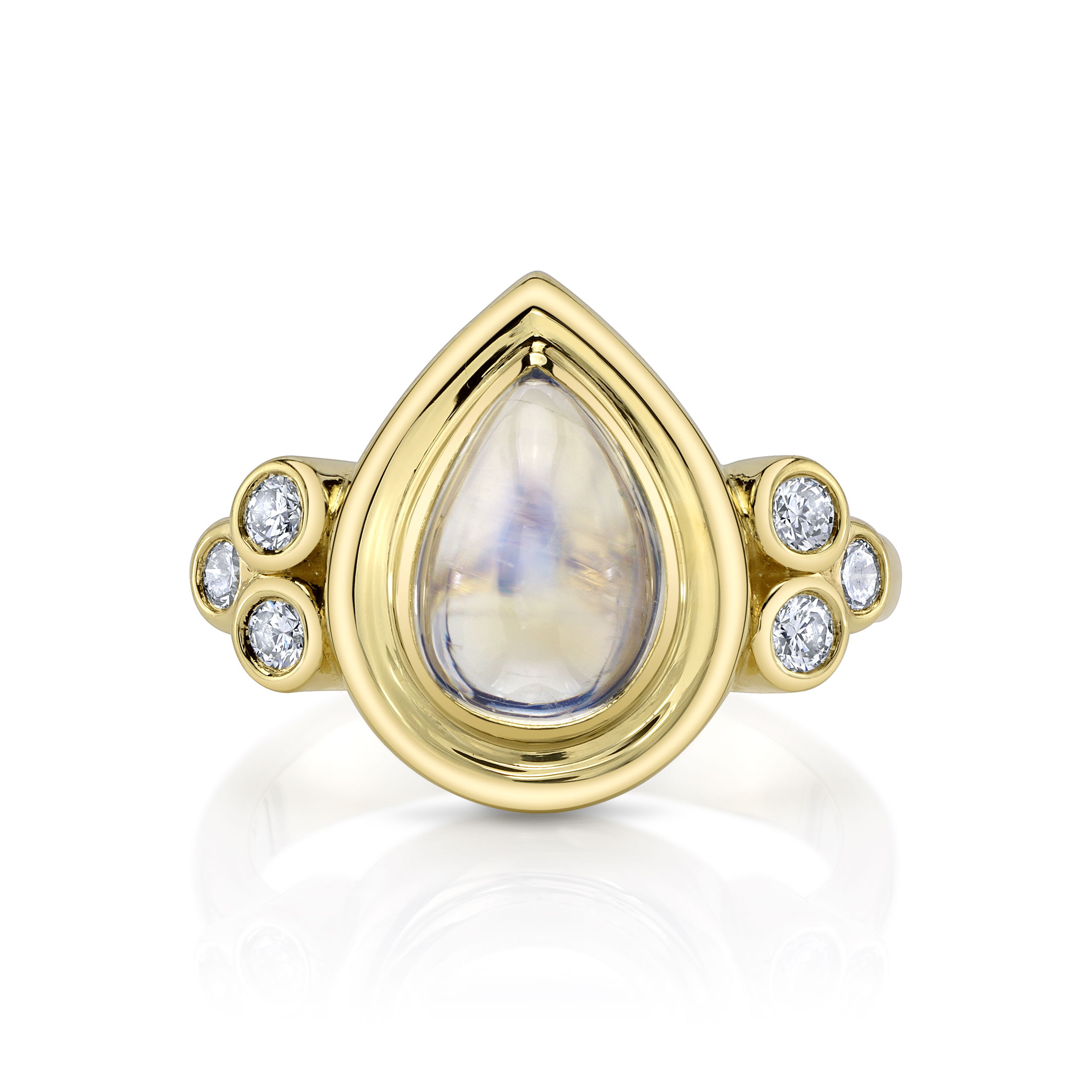 This marvelous ring showcases a lustrous pear-shaped moonstone at its core. The elegant 18k yellow gold enhances the stone's pure glow, while the constellation of six diamonds adds a perfect finishing touch of stellar brilliance.-18k Yellow gold-Pear moonstone-Round diamonds, 0.30ctsItem# 804-00858 Evangeline Ring