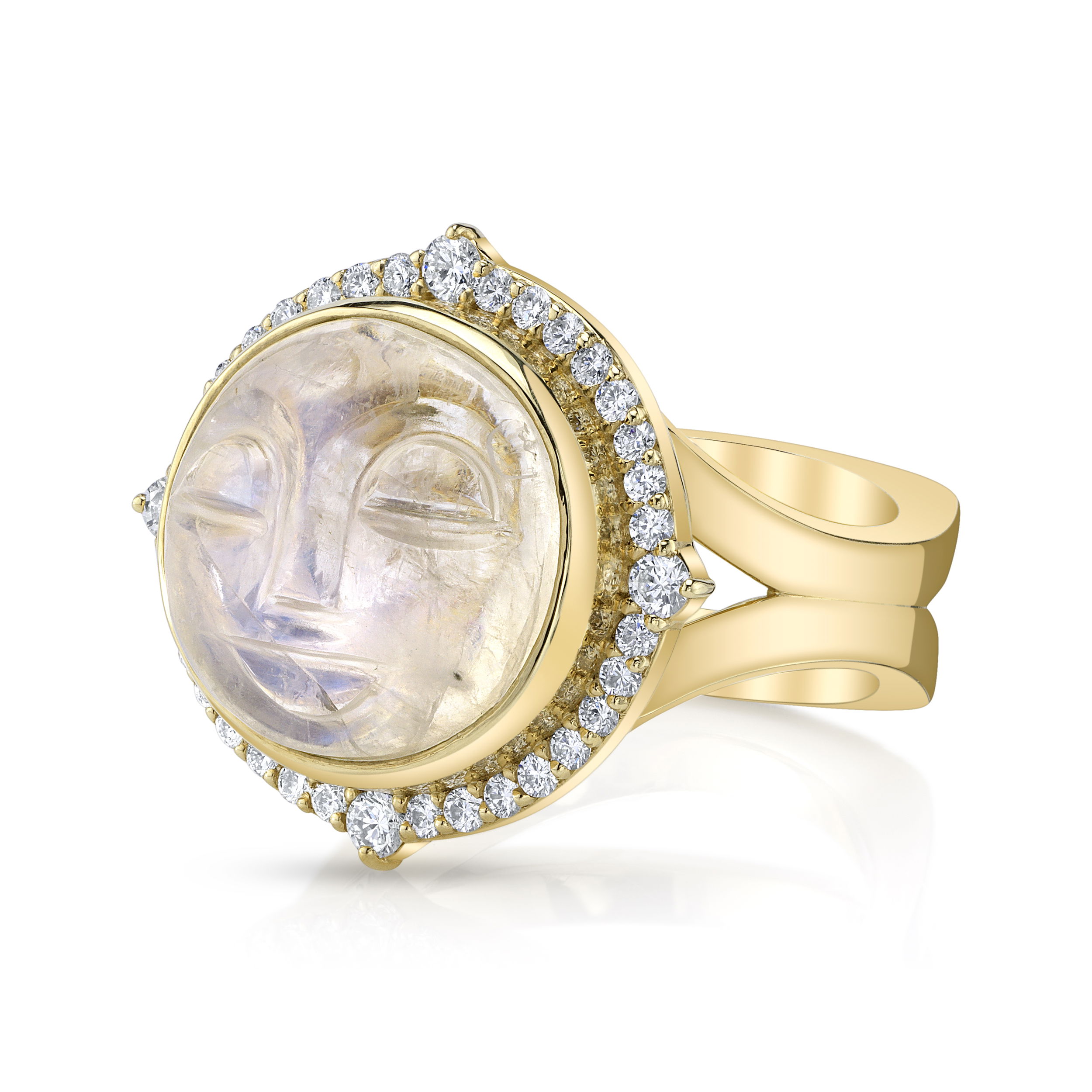 This ring features a beautifully carved moonstone face that is set amidst a halo of sparkling diamonds. This exquisite piece, crafted in yellow gold, embodies celestial grace and timeless elegance.-18k Yellow gold-Carved moonstone face-Round diamonds, 0.50ctsItem# 804-00860 Large Nevaeh Ring