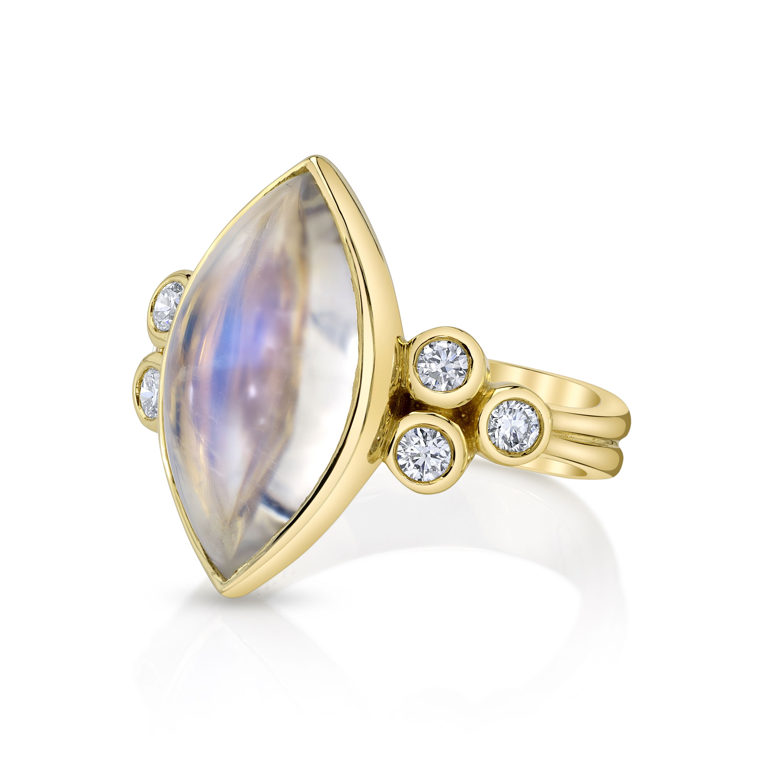 This ethereal ring stands out with the marquise moonstone centerpiece, boasting a delicate white hue surrounded by a cluster of diamonds and is set in a sleek 18k yellow gold mounting.-18k Yellow gold-Marquise moonstone, 6.65ct-Round diamonds, 0.36ctsItem# 804-00864 Arrietty Ring
