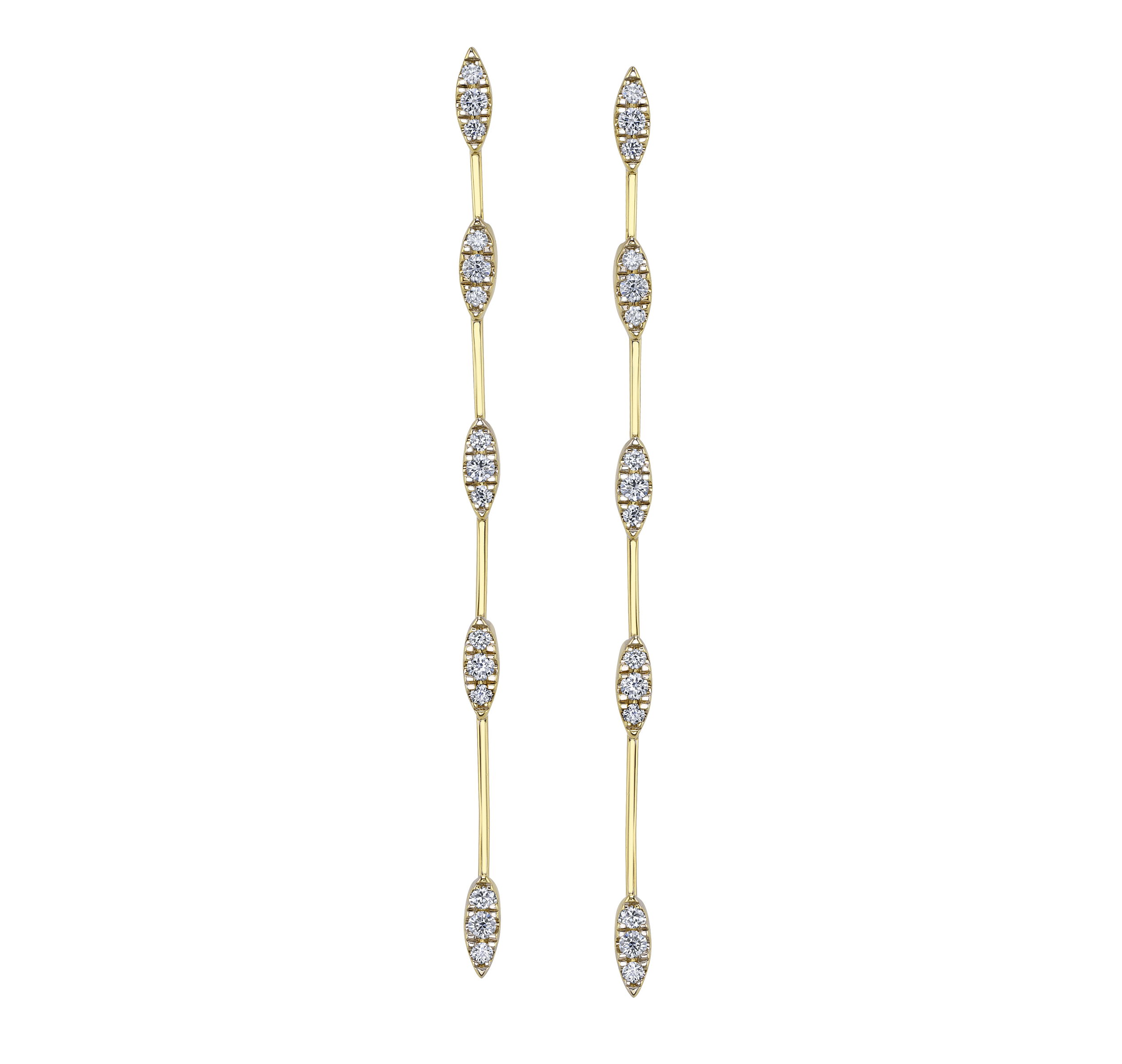 These 14k yellow gold line earrings feature five marquise diamond stations, creating an elegant, elongated silhouette. Delicate yet eye-catching, they add just the right amount of sparkle for everyday wear or special occasions.-14k Yellow gold-Diamonds, 0.55ctsItem# 001-805-01143 Cascade Earrings