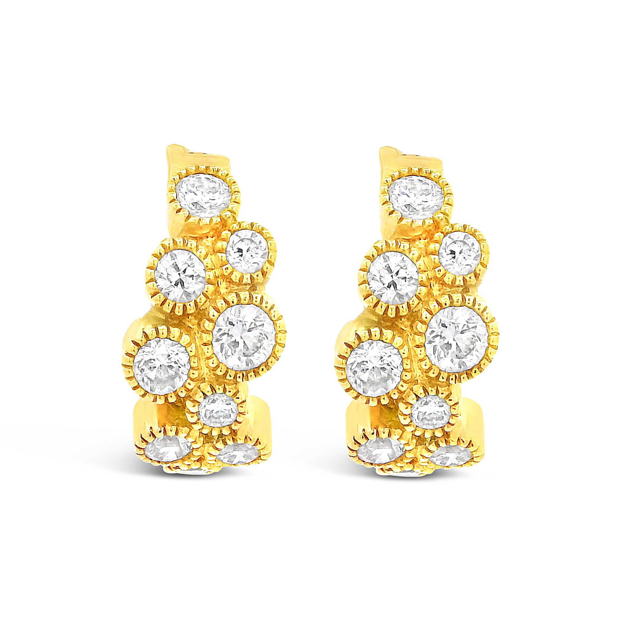 Erica Courtney presents these chic 18k yellow gold earrings with round diamonds. Ideal for everyday wear, they offer a timeless sparkle that complements any style.-18k yellow gold-Round diamonds, 1.18ctsItem# 001-805-01163 Star Cluster Huggies