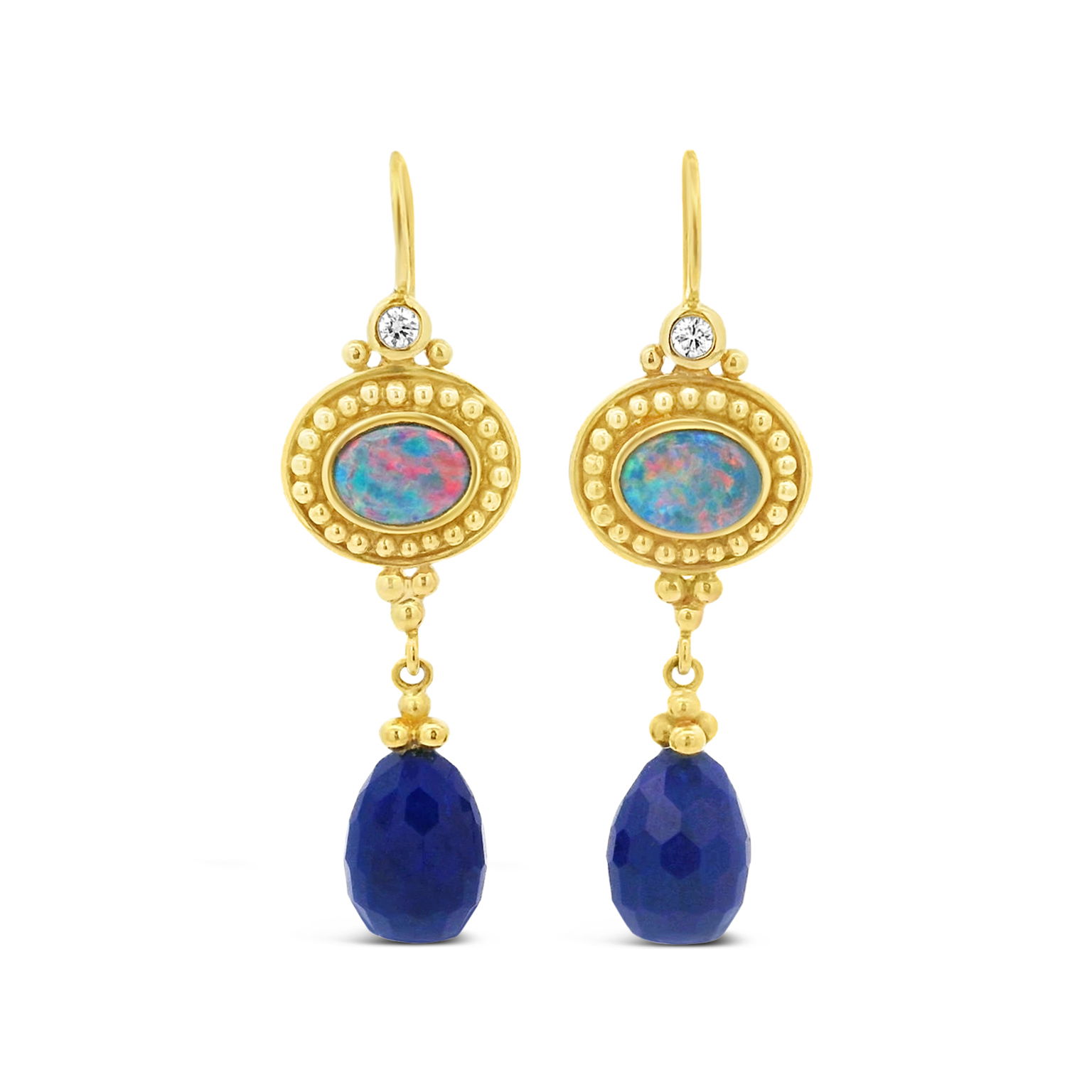 The Fae earrings feature 22k yellow gold with oval opal doublets, Afghan lapis briolettes, and two diamonds. These contemporary pieces are like wearable art, reminiscent of a painting in a museum.-22k Yellow gold-Oval opal doublet-Afghan lapis briolette's-Diamonds, 0.10ctsItem# 805-01180 Fae Earrings