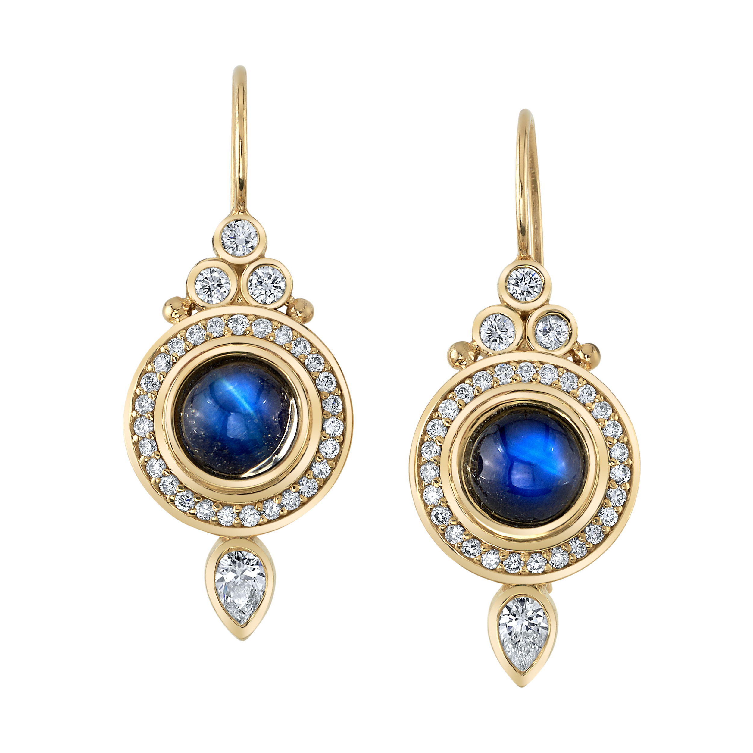 The Mira Earrings, featuring deep blue cabochon moonstones, are the perfect way to elevate your wardrobe. Set in 18k yellow gold, they offer a unique blend of style and sparkle that complements any look.-18k Yellow gold-Cabochon moonstones, 3.60cts-Round and pear diamonds, 1.20ctsItem# 805-01423 Mira Earrings
