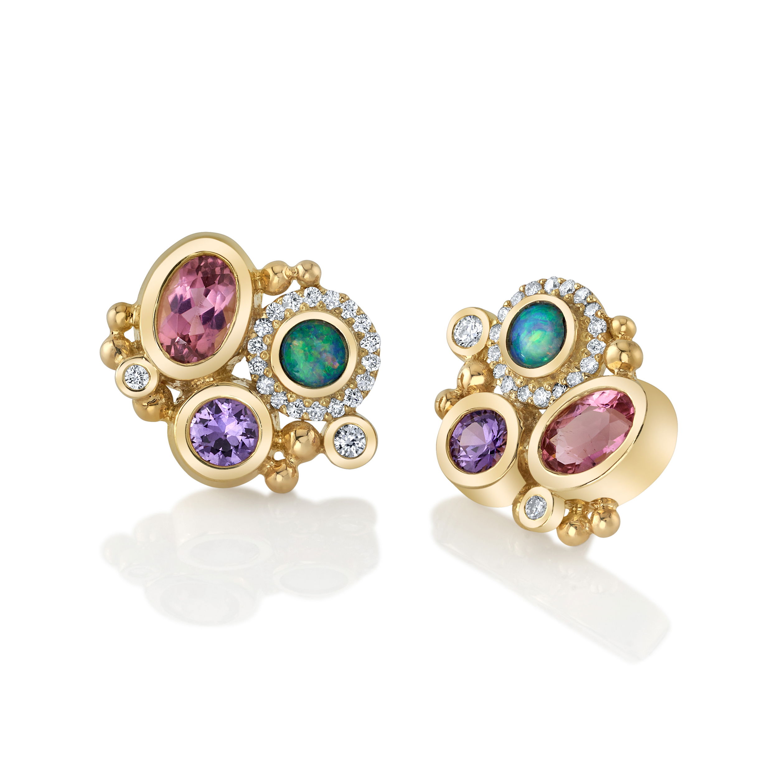 These 18k yellow gold earrings feature a stunning mix of pink tourmaline, sapphires, opals, and diamonds. The combination of vibrant gemstones and sparkle creates an elegant, eye-catching design perfect for any occasion.-18k Yellow gold-Pink tourmaline and sapphire-Opal doublets-Round diamonds, 0.19ctsItem# 805-01424 Mini POW-er Cluster Earrings