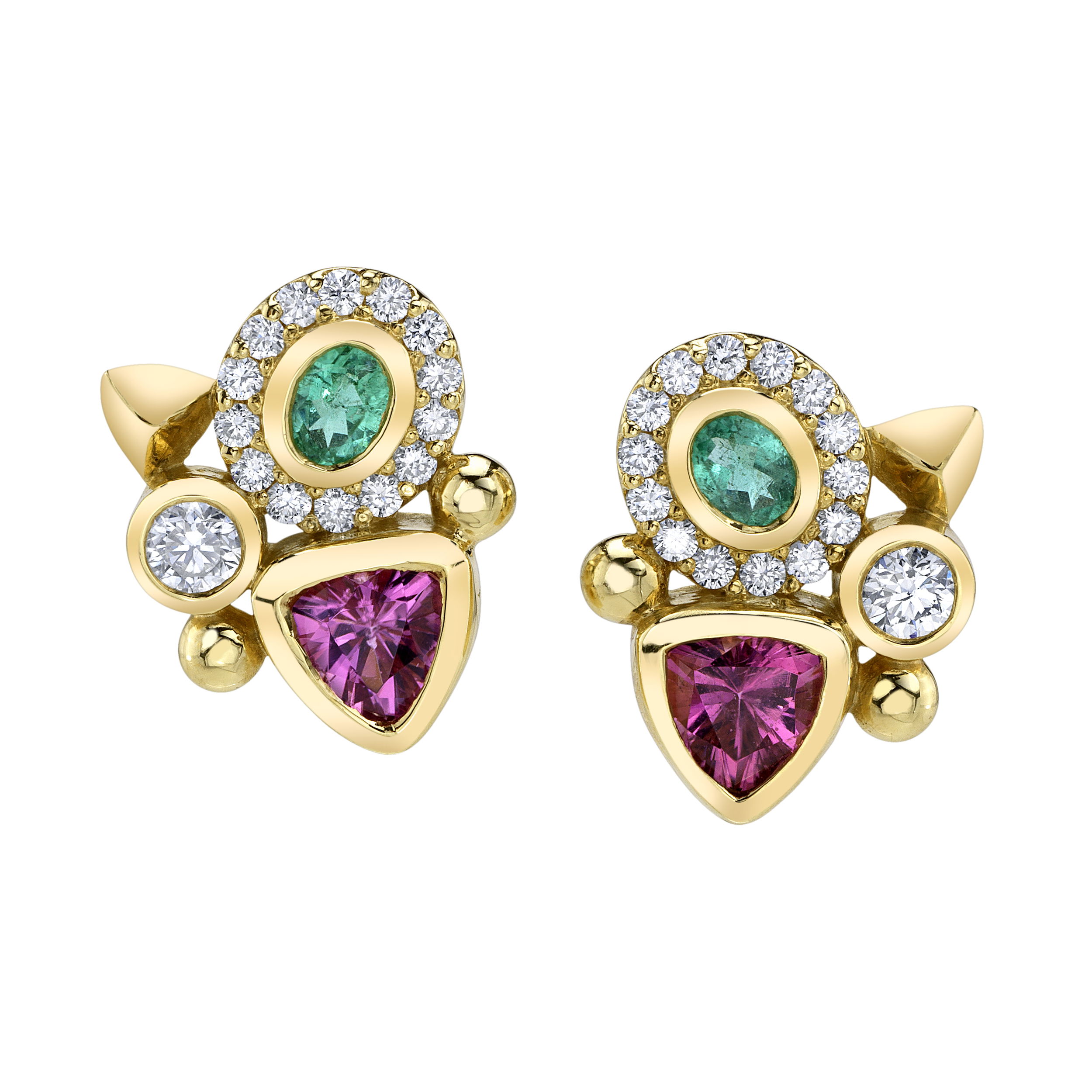 These earrings feature vibrant tourmalines accented by sparkling round diamonds, all set in 18k yellow gold. The combination of bold color and brilliant shine makes them a timeless and versatile accessory for any occasion.-18k Yellow gold-Oval tourmalines, 0.29cts-Trillian tourmalines, 0.79cts-Round diamonds, 0.51ctsItem# 805-01431 POW-er Cluster Earrings