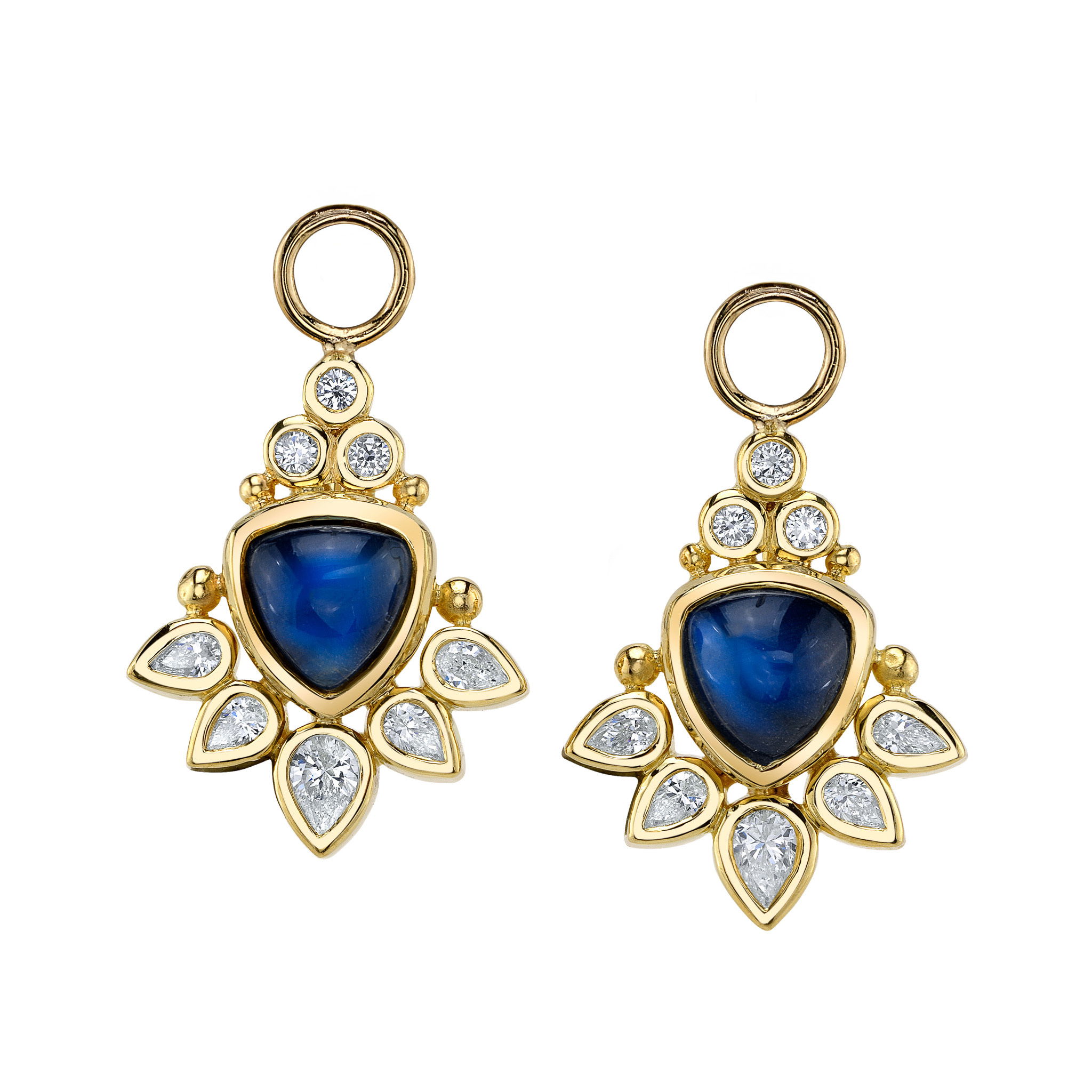 With trillian moonstones and a halo of pear and round diamonds, the Solara Earrings in 18k yellow gold are a beautiful masterpiece of celestial design. Charms sold separately. -18k Yellow gold-2 Trillian moonstones, 2.44cts-Pear diamonds, 0.76cts-Round diamonds, 0.17ctsItem# 805-01453 Solara Earring Charms