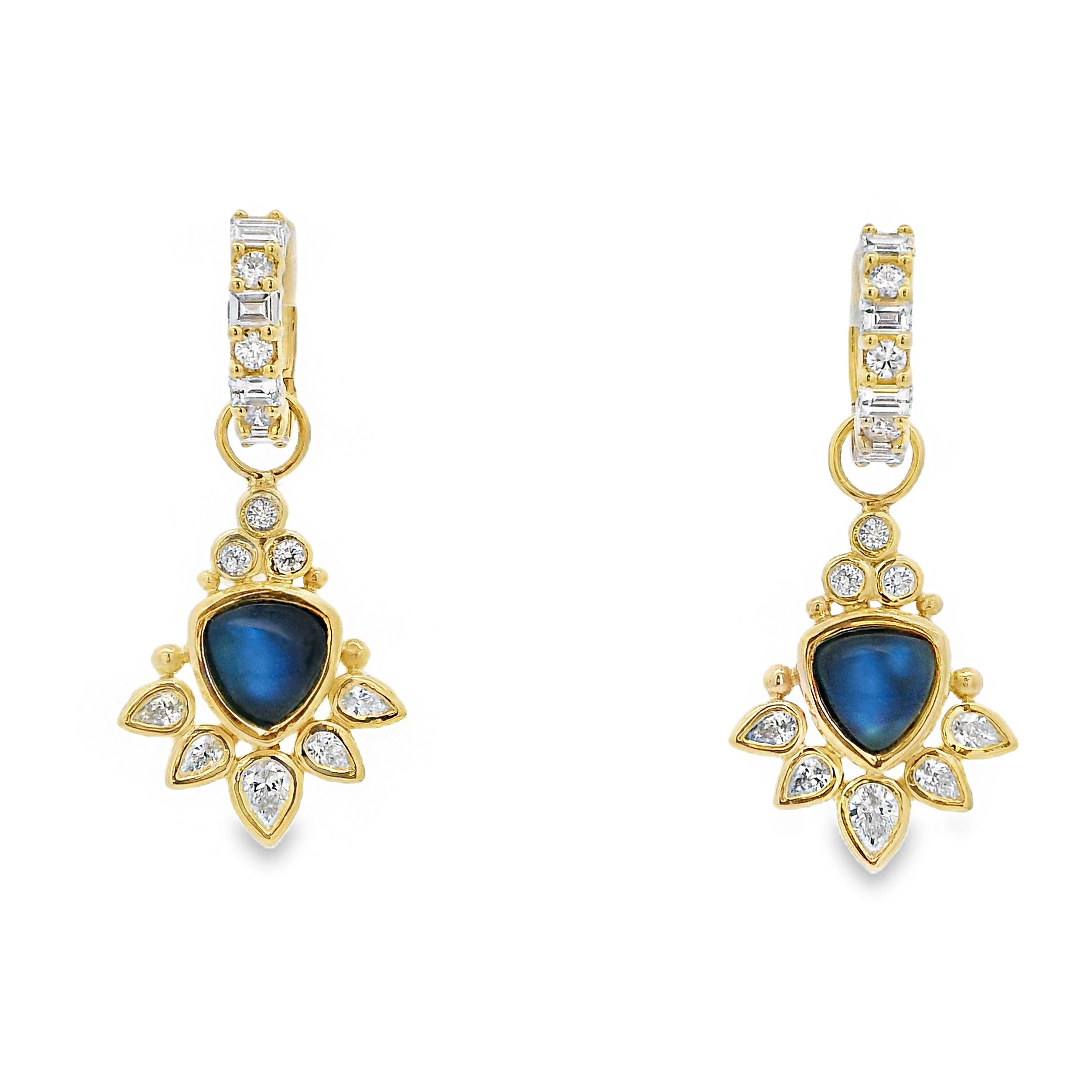 With trillian moonstones and a halo of pear and round diamonds, the Solara Earrings in 18k yellow gold are a beautiful masterpiece of celestial design. Charms sold separately. -18k Yellow gold-2 Trillian moonstones, 2.44cts-Pear diamonds, 0.76cts-Round diamonds, 0.17ctsItem# 805-01453 Solara Earring Charms