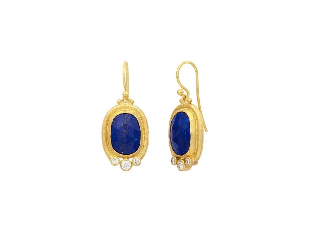 These earrings feature 24k yellow gold, sparkling diamonds, and vibrant lapis for a bold pop of color. Their striking design adds a touch of elegance to any outfit.-24k Yellow gold-2 RC Lapides, 9.40cts-Round diamonds, 0.45ctsItem# 001-805-01525 Lapis Earrings