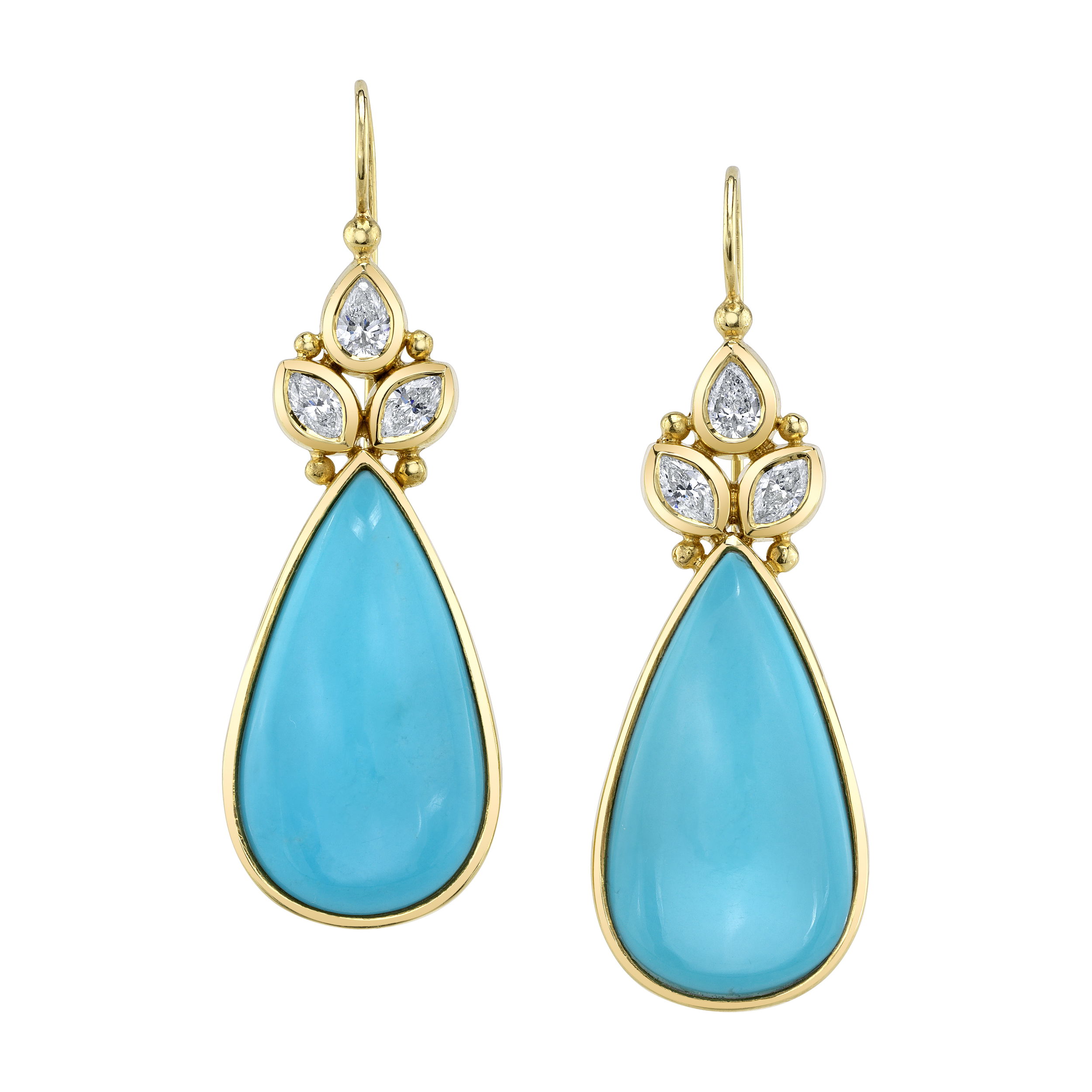 These stunning earrings, crafted in 18k yellow gold, feature multi-shaped diamonds and Sleeping Beauty turquoise drops. They’re the perfect finishing touch to elevate any ensembl-18k Yellow gold-Marquise and pear diamonds, 1.22cts-Sleeping Beauty turquoise dropsItem# 805-01547 Alice Earrings