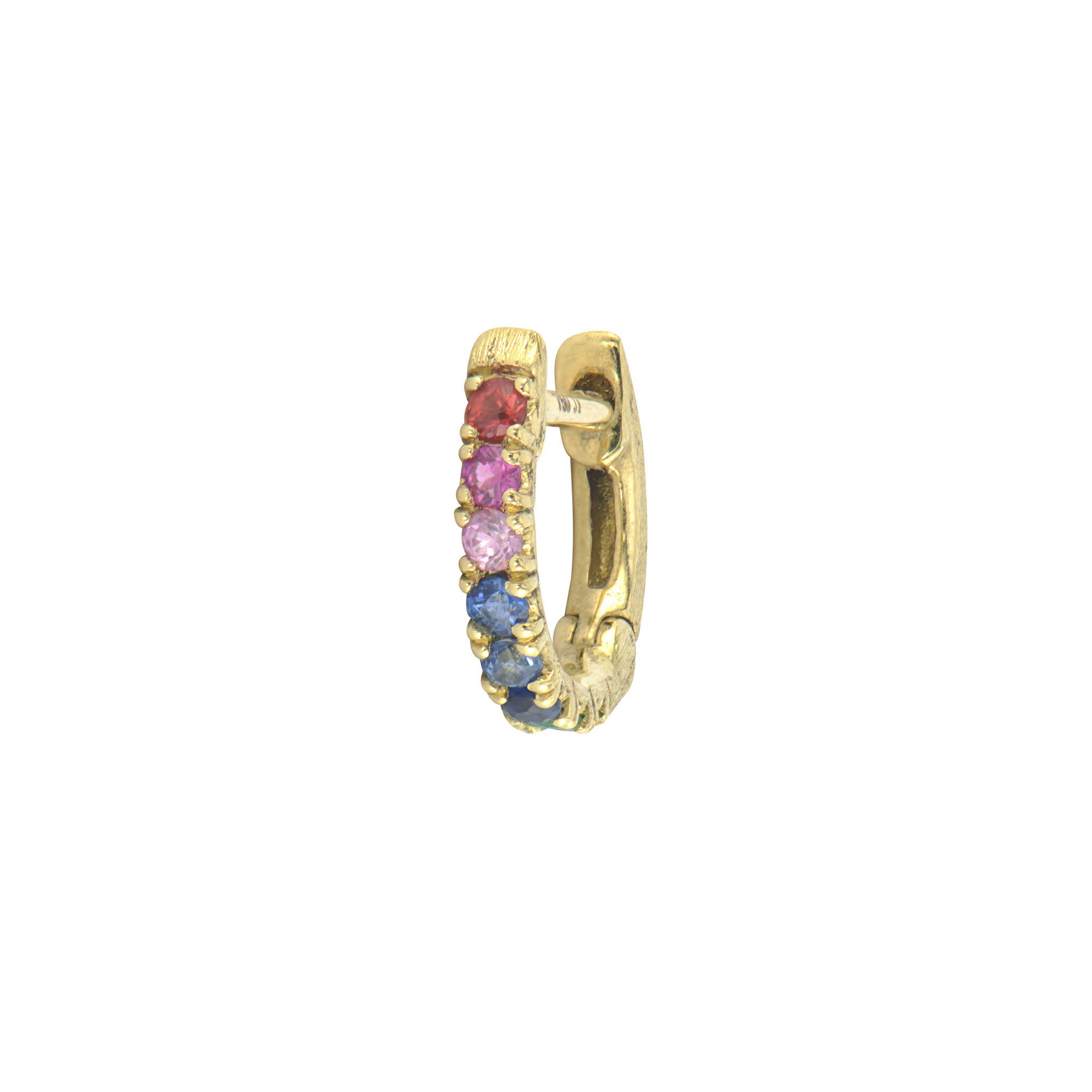 Combining classic elegance with on trend shapes and styles, JFJ offers something for women of all ages. This rainbow huggie earring features a vibrant array of multicolored sapphires, creating a playful and bold design. Perfect for adding a touch of color and fun to any jewelry collection. Huggie sold as a single.-18k Yellow gold-Round rainbow sapphires, 0.08ctsItem# 805-01577 Rainbow Pave Huggie Earring