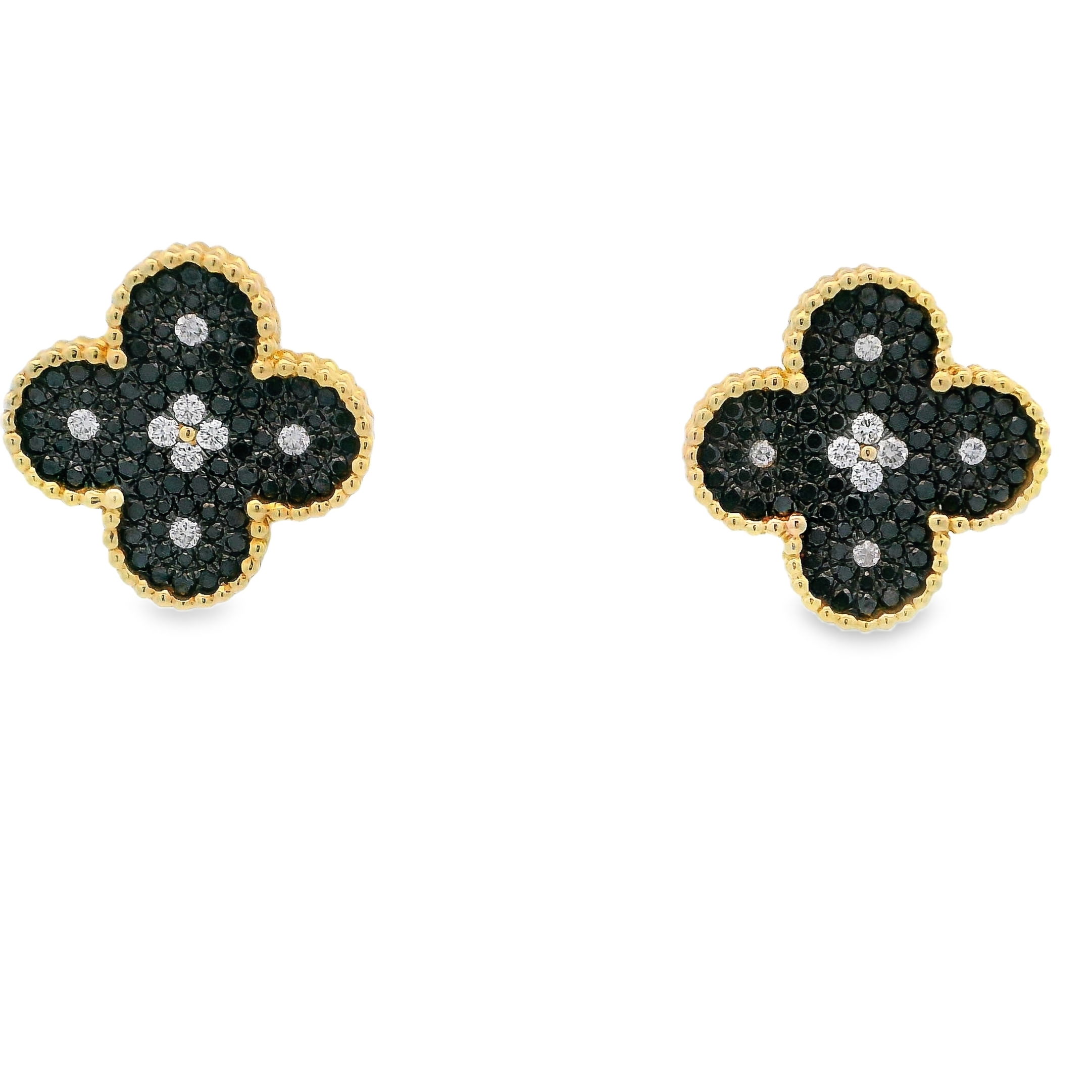 Add a bold touch of elegance with these stunning earrings. Featuring a classic quatrefoil silhouette, each earring is adorned with a striking mix of black and white diamonds for a timeless contrast. Set in a beaded finish, these earrings balance modern sophistication with a hint of vintage charm—perfect for elevating any look, day or night.-14k Yellow gold-Round diamonds, 0.31cts-Round black diamonds, 1.70ctsItem# 805-01658 Black Diamond Quatrefoil Earrings