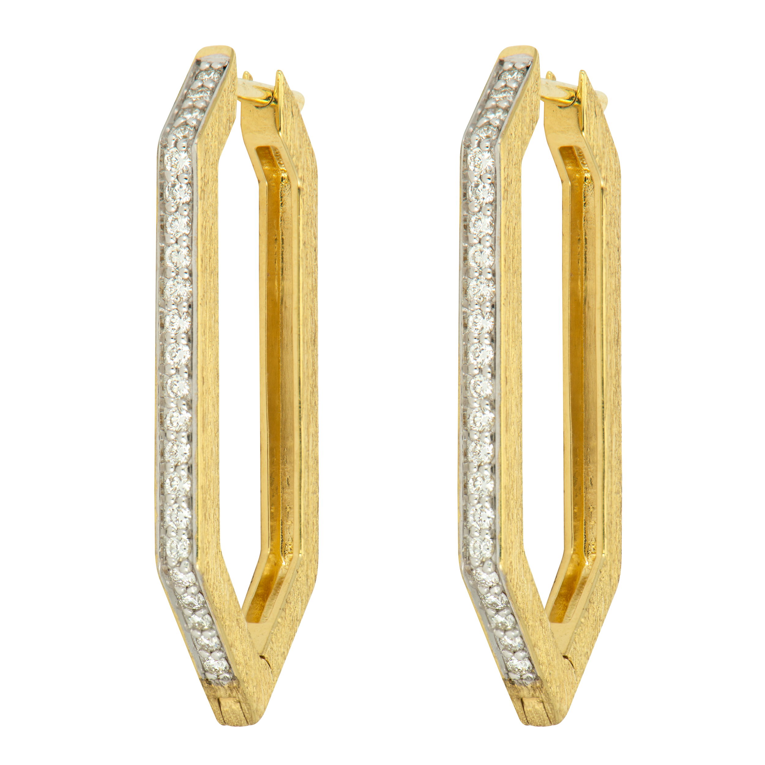 Combining classic elegance with on trend shapes and styles, JFJ offers something for women of all ages. These hexagon hoops are elegantly adorned with sparkling diamonds, adding a modern geometric flair to a classic design. Perfect for adding a touch of sophistication and brilliance to any look.-18k Yellow gold-Round white diamonds, 0.28ctsItem# 805-01667 Medium Hexagon Hoops