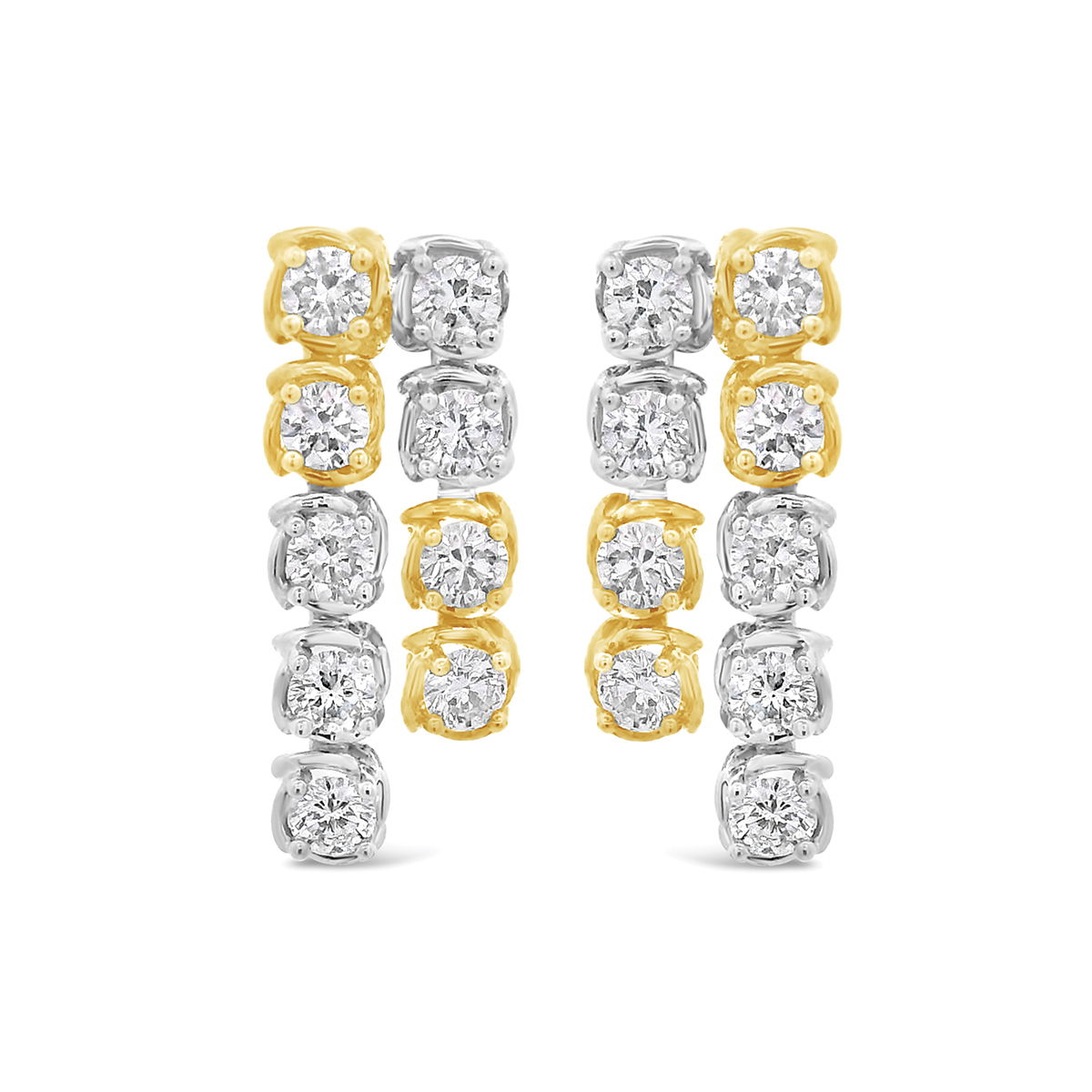 These two-tone drop earrings feature a sleek split design that adds movement and dimension. The combination of metals enhances their versatility, making them perfect for any occasion. -18k Two-toned gold-Round diamonds, 0.99ctsItem# 805-01670 Split Dangle Earrings