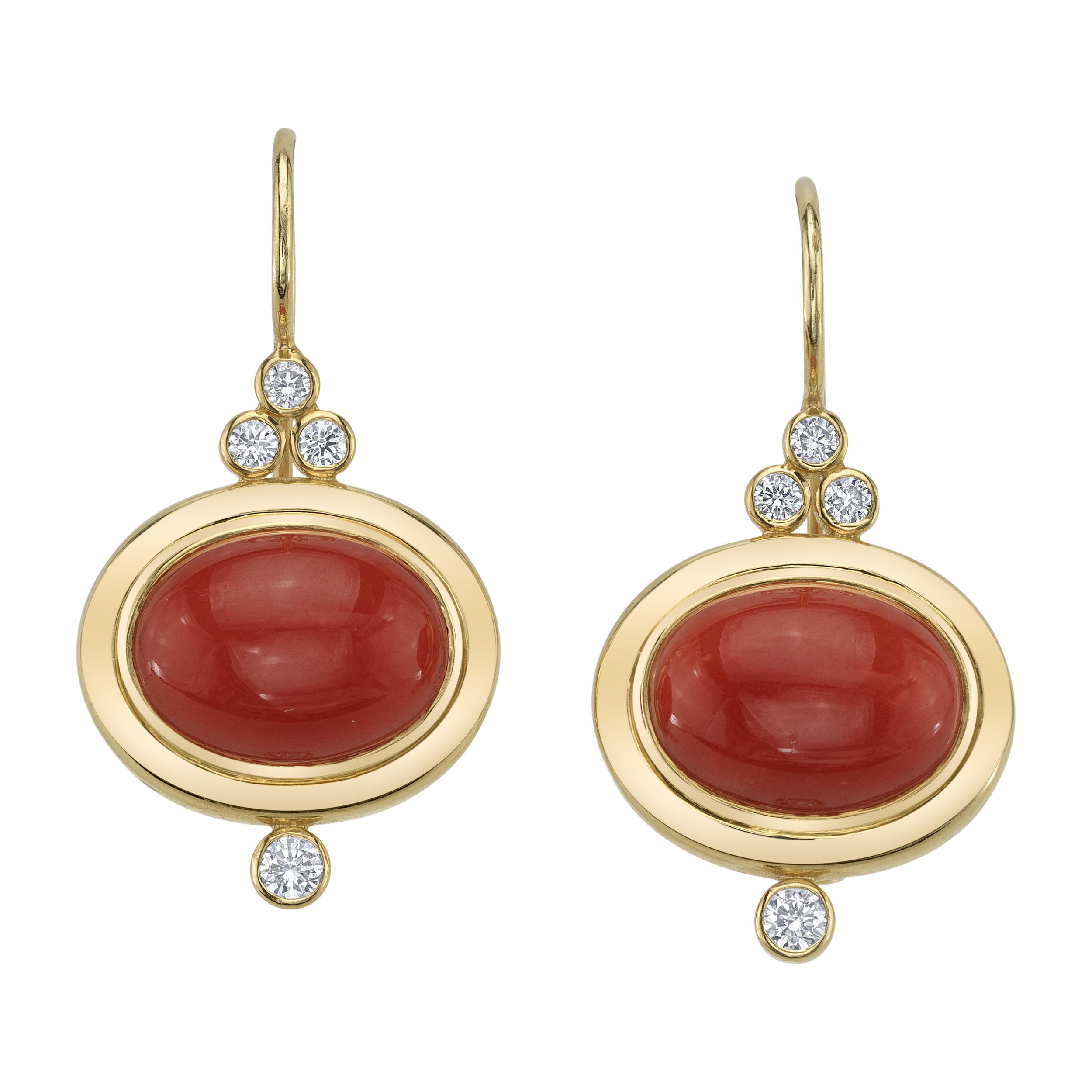 These darling corral drop earrings are crafted in 18k yellow gold and decorated with stunning round diamonds. Add these to any ensemble for a chic and fashionable finishing touch.-18k Yellow gold-Coral drops-Round diamonds, 0.31ctsItem# 805-01708 Bella Drop Earrings