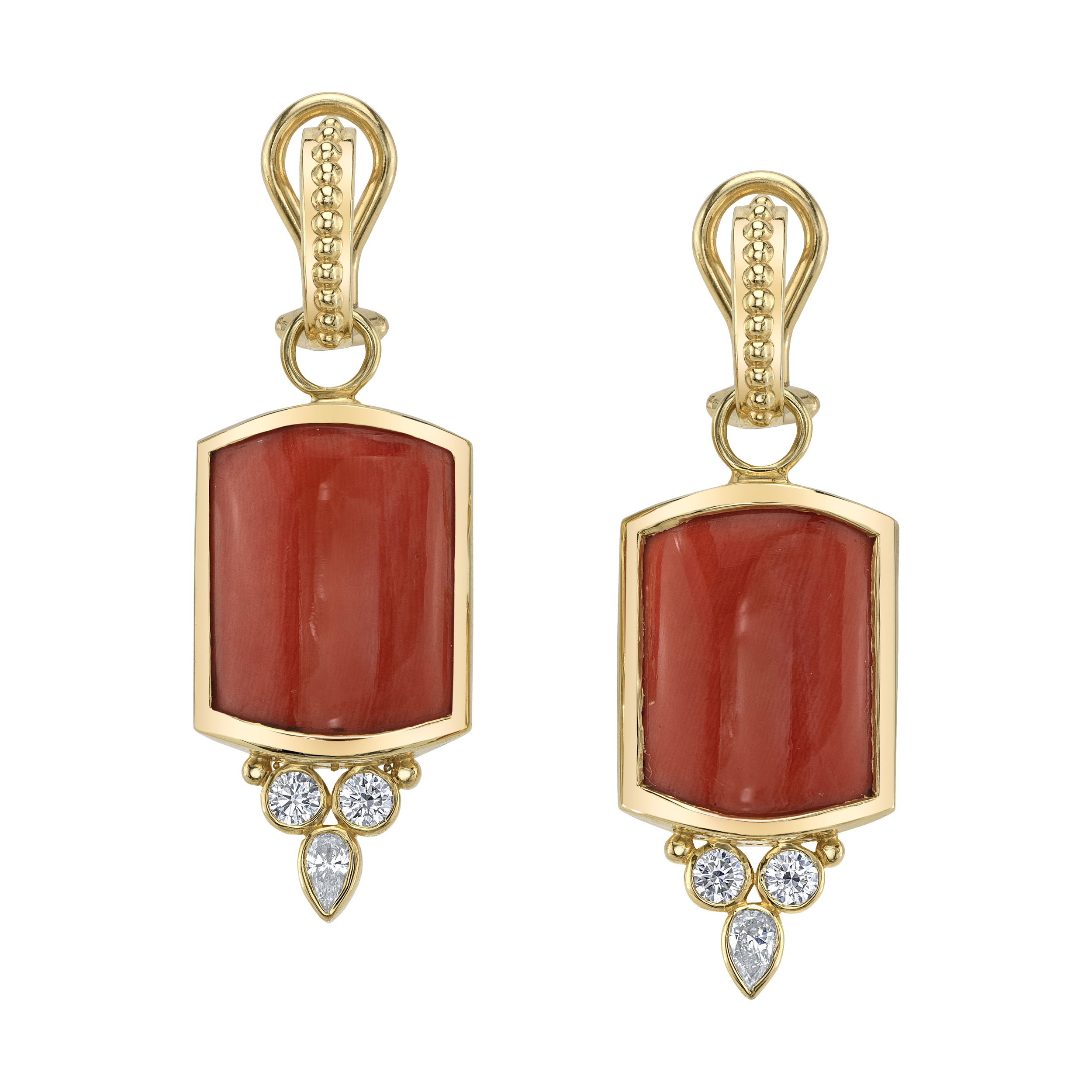 Featuring reddish coral and a mix of round and pear-shaped diamonds, the Cora Earrings bring together bold color and dazzling sparkle. These earrings are the perfect accessory for a chic, fun look. -18k Yellow gold-Coral-Round and pear diamonds, 0.50ctsItem# 805-01787 Cora Earrings