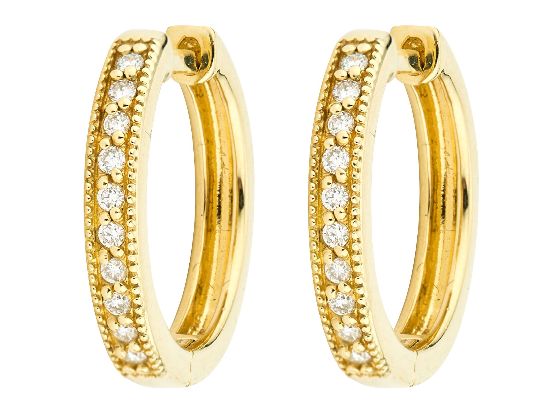 Combining classic elegance with on trend shapes and styles, JFJ offers something for women of all ages. This timeless huggie is adorned with sparkling diamonds, offering a classic and elegant touch. Perfect for everyday wear or special occasions, it brings effortless sophistication to any look.-18k Yellow gold-Round white diamonds, 0.08ctsItem# 805-01789 Camelia Hoop Earring
