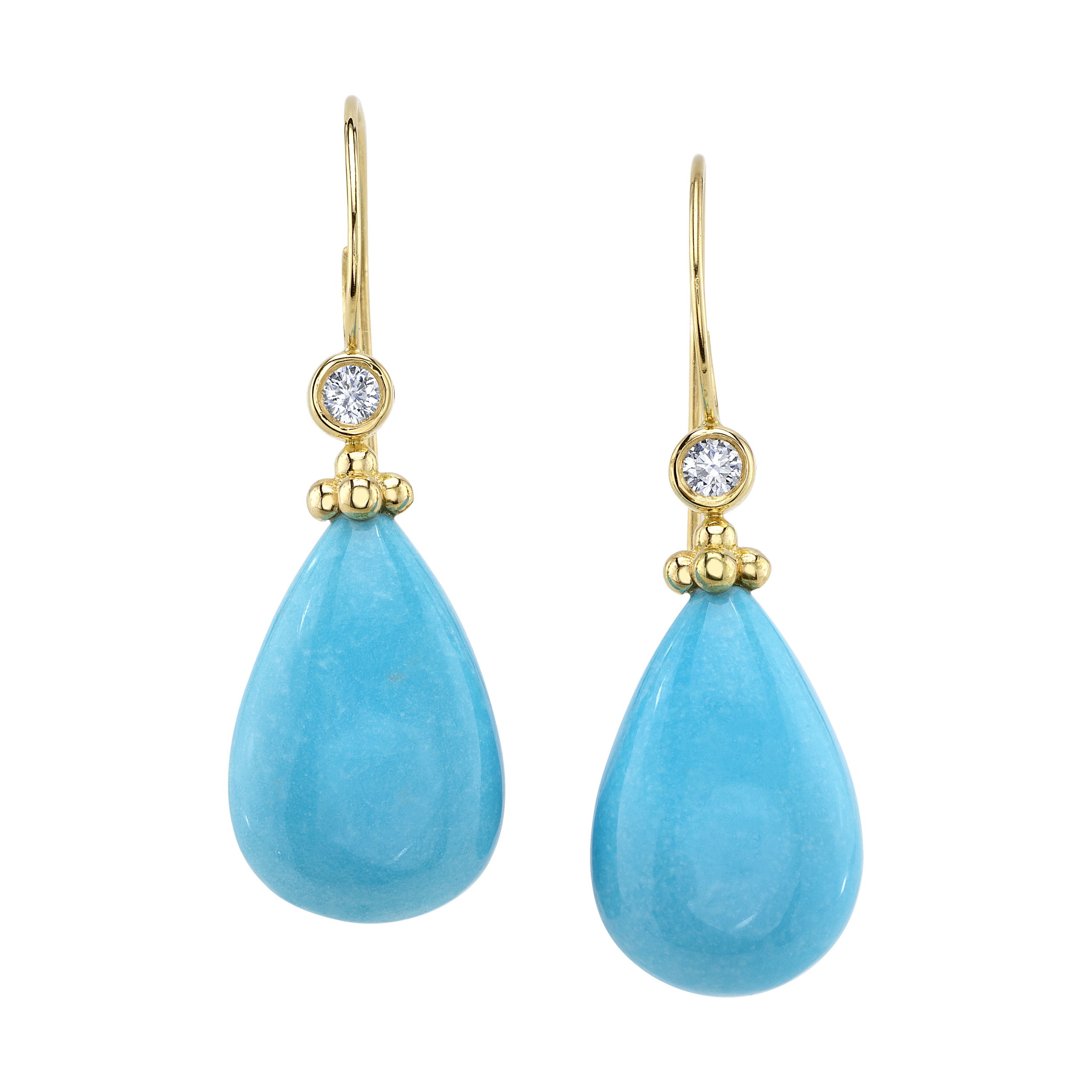 The Harmony Earrings feature vibrant turquoise stones complemented by sparkling diamonds, creating a balanced and elegant design. Perfect for adding a touch of color and class, they effortlessly enhance any outfit.-18k yellow gold-Turquoise drops, 23.02cts-Round diamonds, 0.14ctsItem# 805-01812 Harmony Earrings
