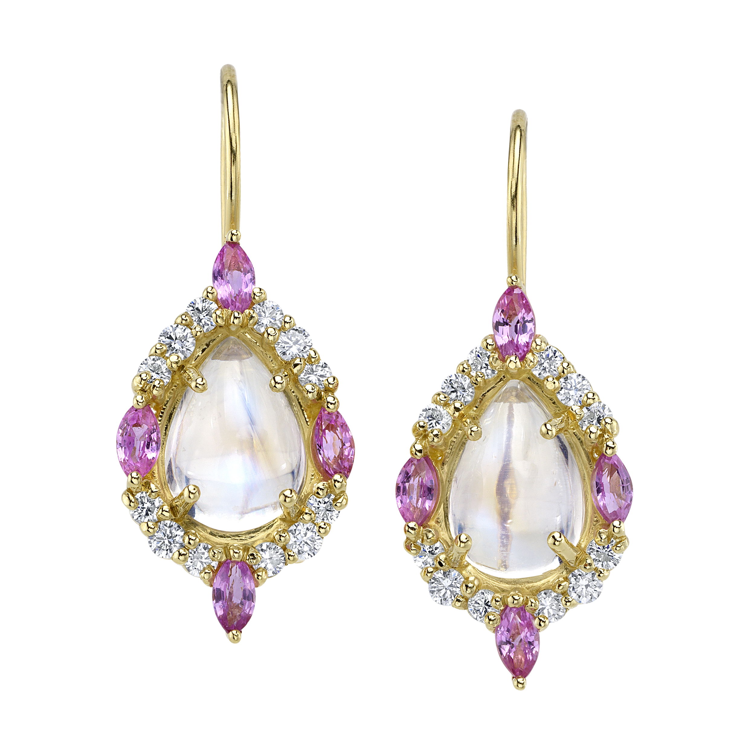 The Anastasia Earrings are set in a delicate 18k yellow gold, showcasing a beautiful white moonstone at their heart, encased in pink sapphires and surrounded by sparkling diamonds.-18k Yellow gold-8 Marquise pink sapphires, 1.04cts-Round diamonds, 0.48cts-Pear moonstonesItem# 805-01814 Anastasia Earrings