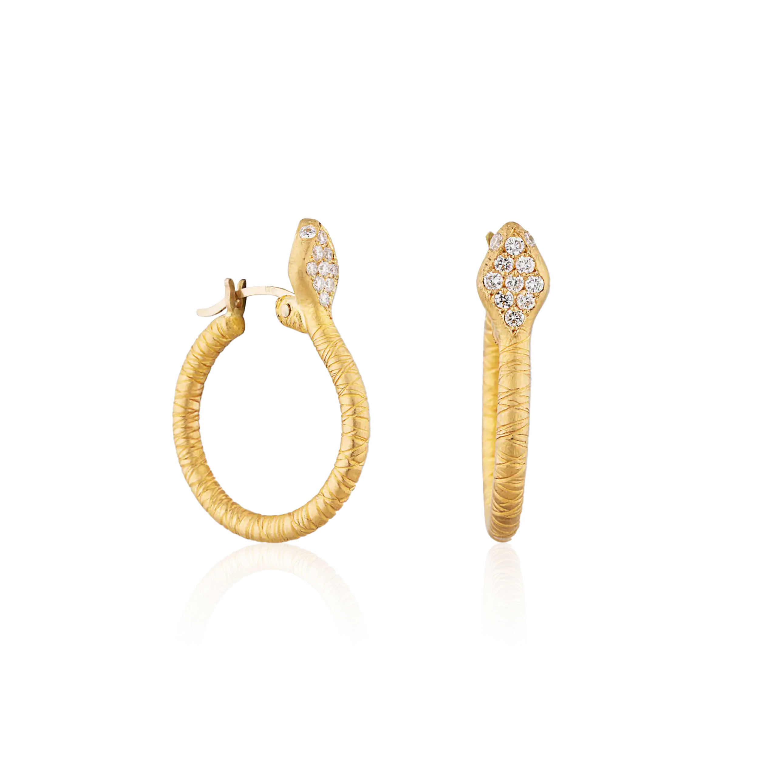 Introducing our yellow gold "Snake" hoop earrings—a captivating blend of artistry and elegance. Crafted from high-quality 22k yellow gold, these earrings feature a distinctive snake design with diamond eyes that add a touch of refined sparkle.- 22k Yellow gold -Round diamonds, 0.18ctsItem# 001-805-01831 Yellow Gold Snake Huggie Hoops
