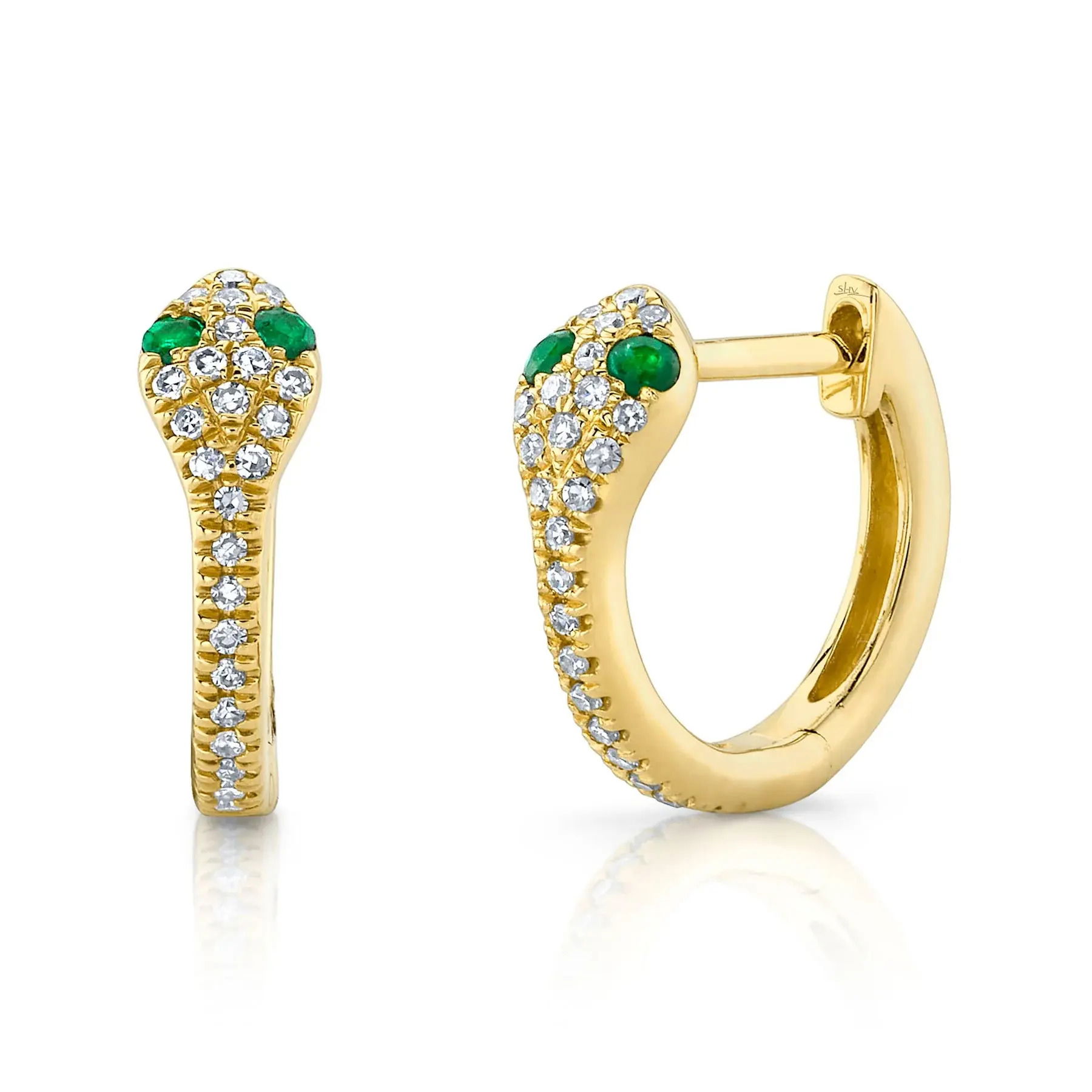 A unique and stylish accessory that adds a touch of flair to any gathering or special occasion. All Shy Creation diamonds are natural and hand-selected. All stones are unique and hand set. As a result, you can expect slight variations in the shade, hue, tint of the color stones and stone count.-14k Yellow gold-Round diamonds, 0.11cts-Round emeralds, 0.07ctsItem# 805-01837 Diamond & Emerald Snake Huggie Earrings