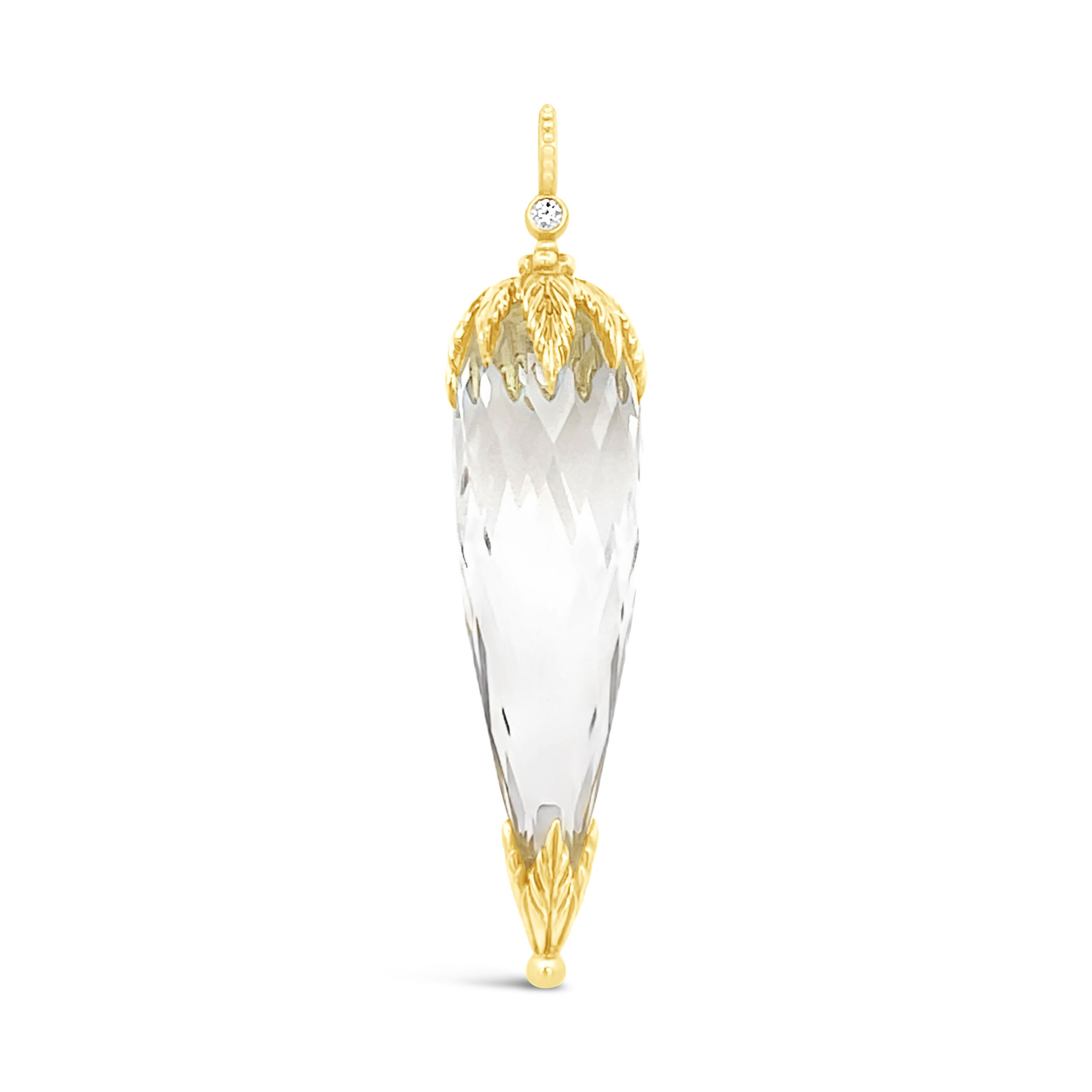 Elevate your look with a stunning finial crystal pendant, featuring 18k yellow gold and a sparkling round diamond. Pair it effortlessly with a convertible wrap from the "It's a Wrap" collection for a look that's both versatile and elegant.-18k yellow gold-Finial crystal-Round diamond, 0.06ctItem# PDEL12YCR Large Crystal Shard Pendant
