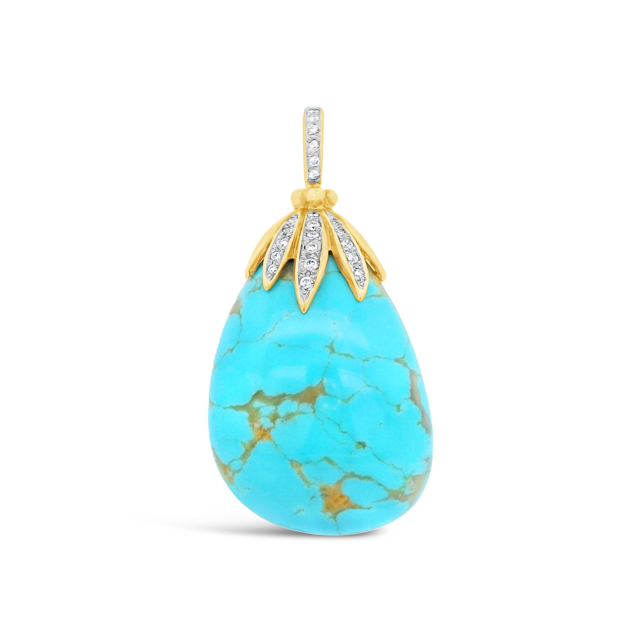 A dramatic centerpiece for any neckline, this turquoise pendant showcases a vibrant stone complemented by expertly cut diamonds in rich 18k yellow gold. It’s a confident statement of style, perfect for adding a touch of bohemian glamour to your look.-18k Yellow gold-Turquoise-Diamonds, 0.25ctsItem# 001-806-00211 Turquoise Skystone Pendant