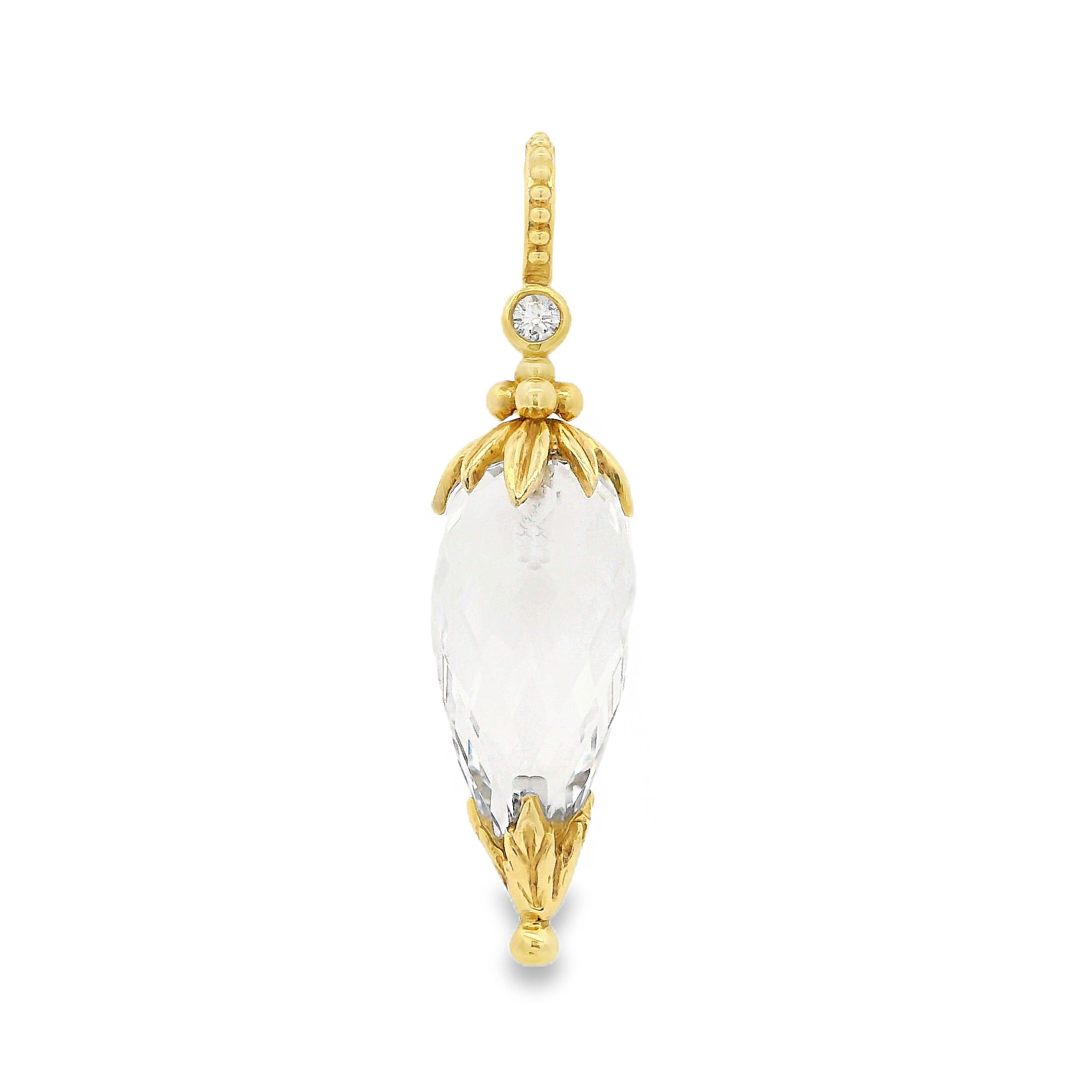 Elevate your look with a beautiful finial crystal pendant in 18k yellow gold, highlighted by a sparkling round diamond. Pair it with a wrap from the "It's a Wrap" collection for a versatile and stylish touch.-18k yellow gold-Crystal Finial -Round diamond, 0.06ctItem# 806-00364 Chandelier Shard Pendent