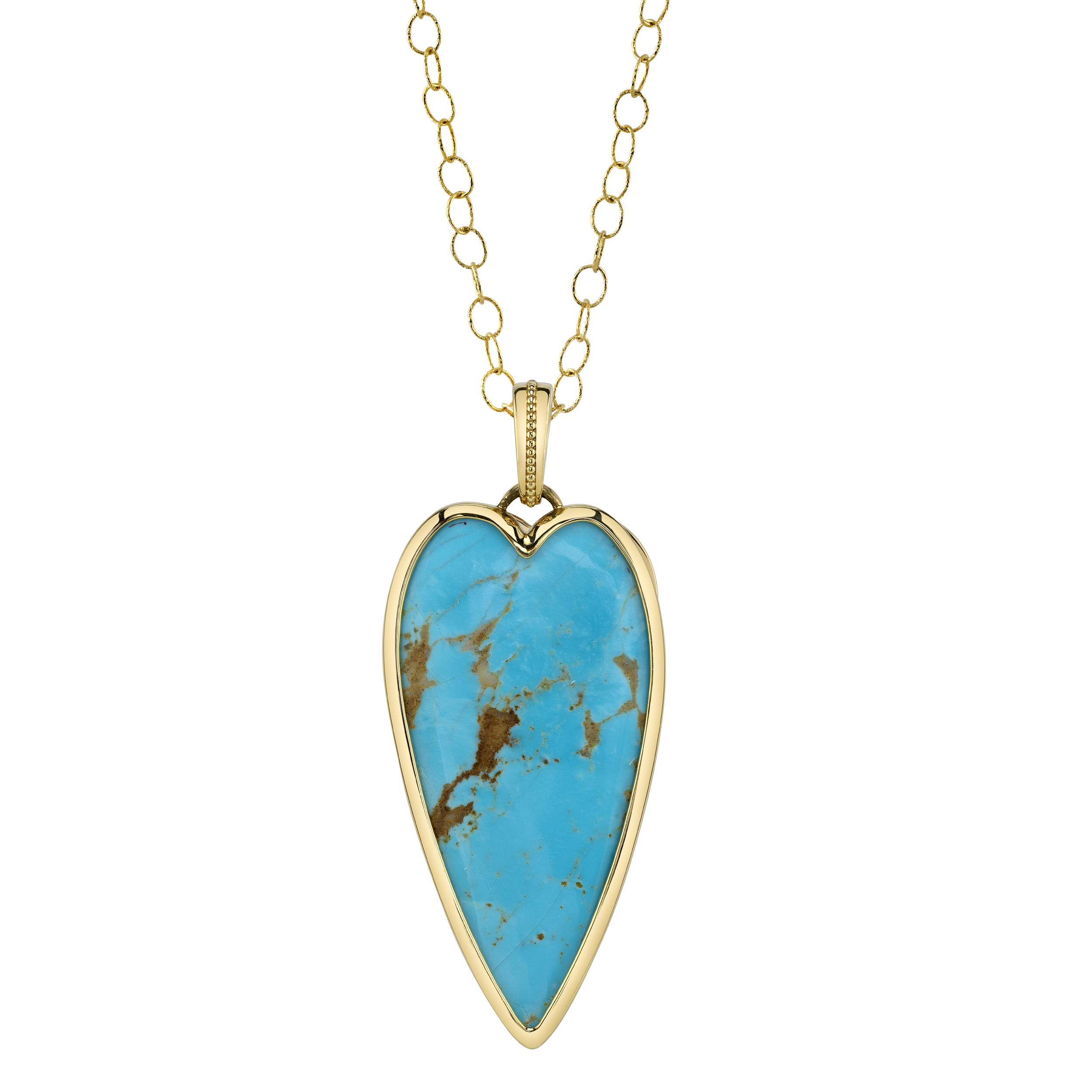This pendant features a beautifully crafted turquoise heart with 18k yellow gold. A perfect accessory for adding a pop of color to your look.-18k Yellow gold-Turquoise heartItem# 806-00370 Mosaic Heart Pendant