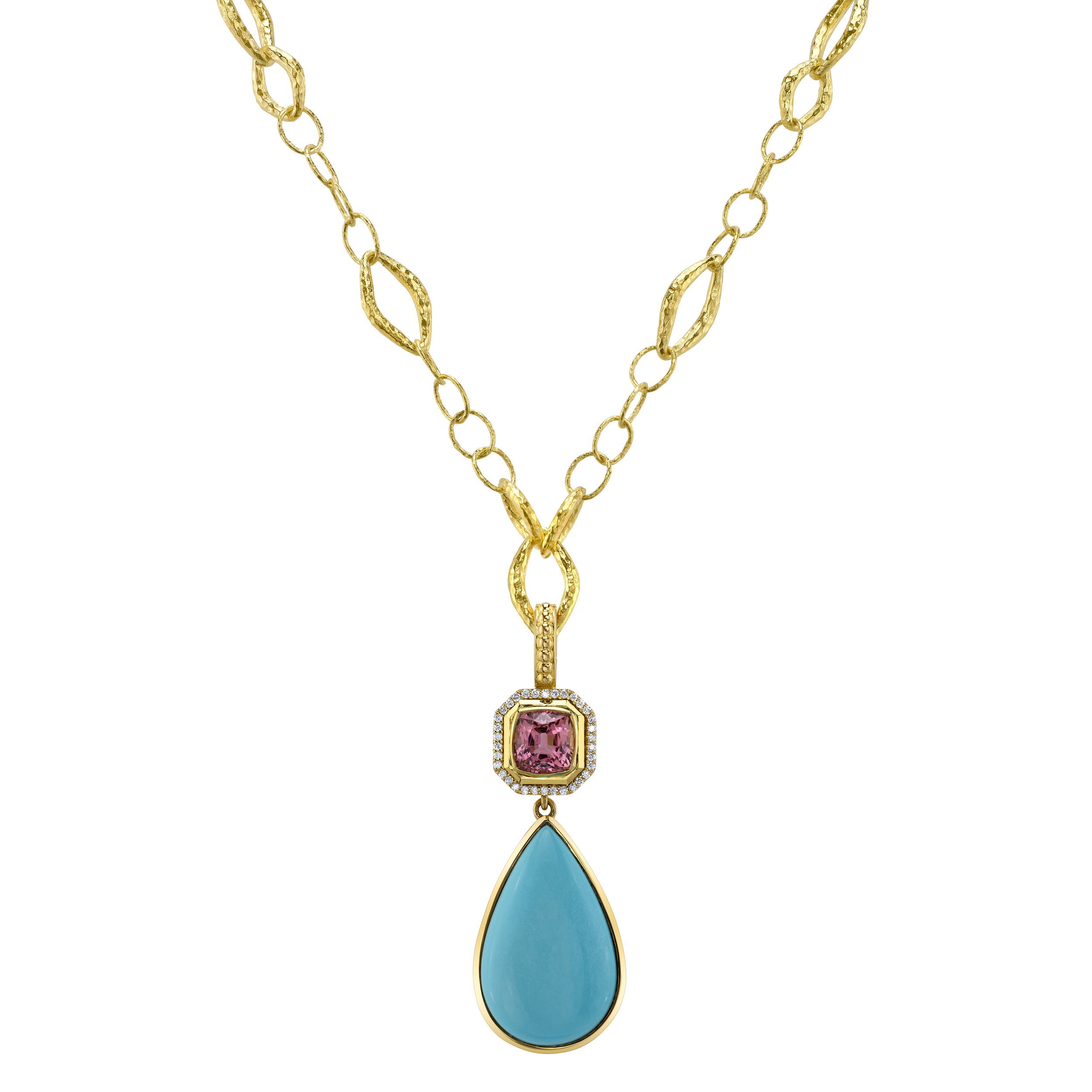 Set in 18k yellow gold, this ring features a vibrant cushion-cut tourmaline paired with a smooth cabochon turquoise and sparkling round diamonds. Bold in color and rich in contrast, it’s a piece that makes a statement without saying a word.-18k yellow gold-Cushion Tourmaline, 3.00ct-Cabochon Turquoise -Round diamonds, 0.17ctsItem# 80600398 Rosy Tesserae Pendant