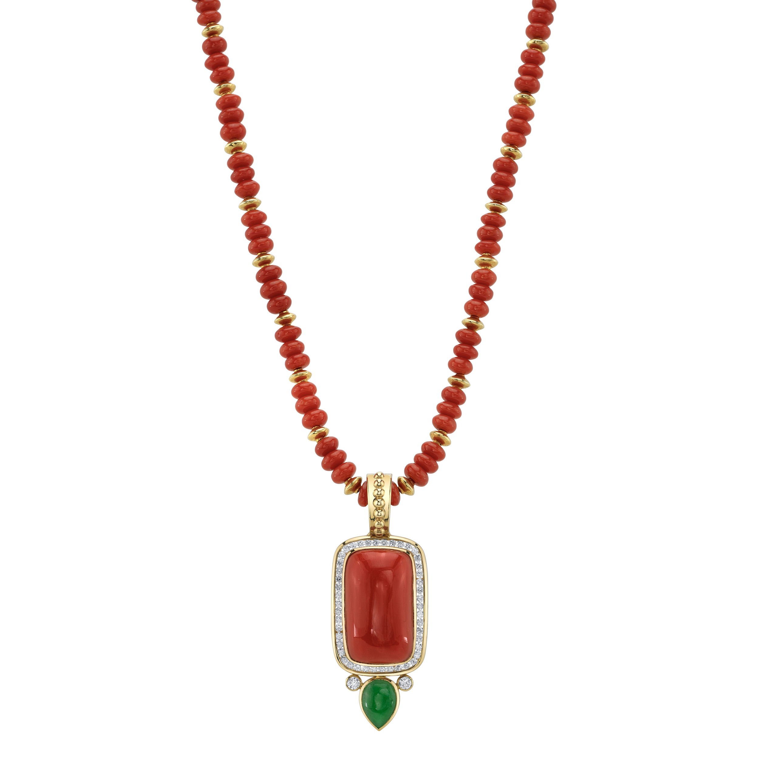 The Jadea Pendant features a stunning coral cabochon with a pear-shaped jade accent. Set in 18k yellow gold, this pendant will be a beautiful statement piece for any ensemble. Paired perfectly with a convertible wrap. Convertible wrap sold separately.-18k Yellow gold-Coral cabochon, 20.23ct-Pear jade, 1.67ct-Round diamonds, 0.87ctsItem# 806-00417 Jadea Pendant
