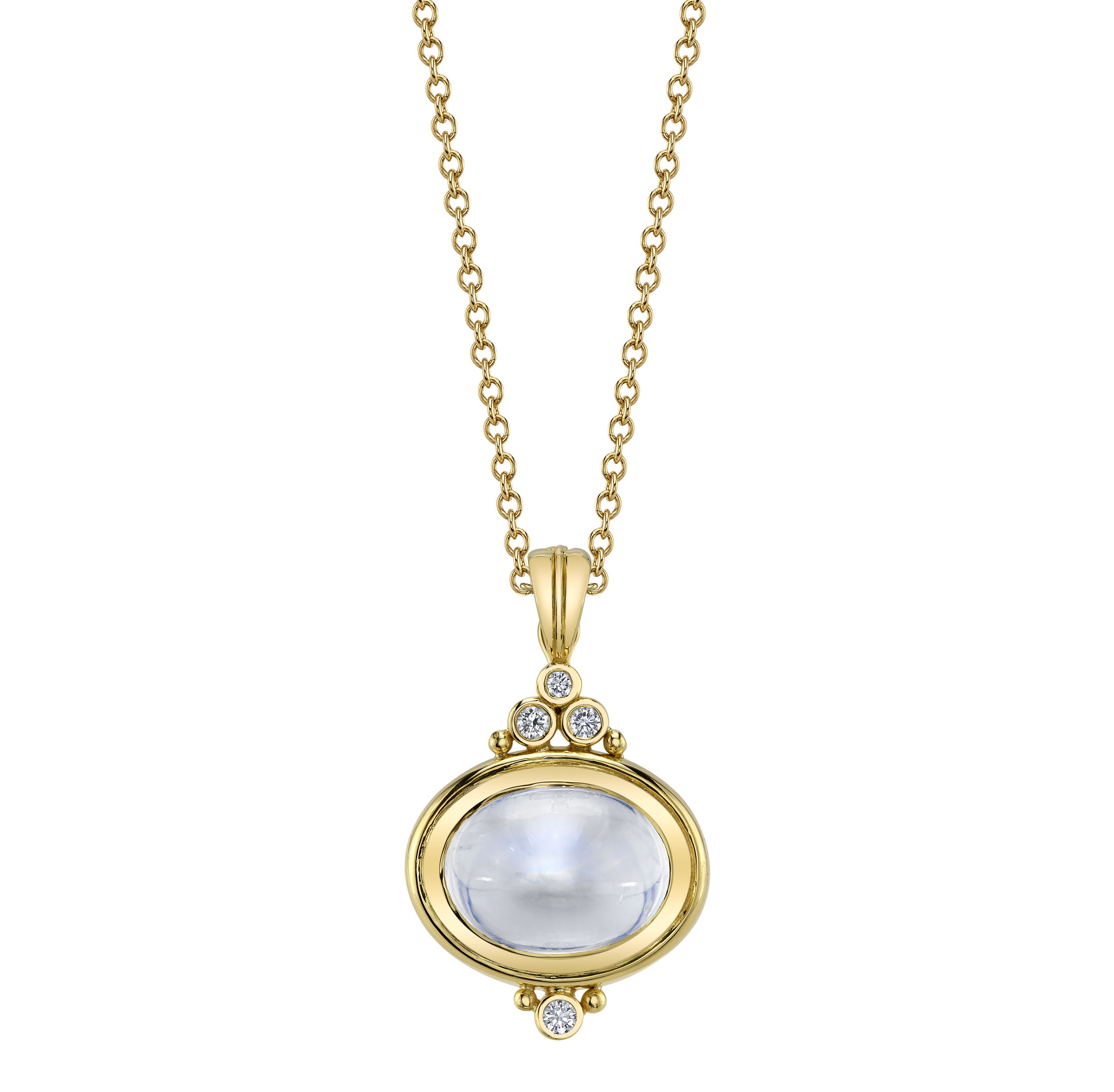 With its cloudy white moonstone and radiant 18k yellow gold setting, the Cindy Pendant will leave you feeling over the moon. The quartet of diamonds adds a sparkling touch, making this piece a beautiful addition to your jewelry collection.-18k yellow gold-Cabochon moonstone, 12.30ct-Round diamonds, 0.70ctsItem# 806-00498 Cindy Pendant