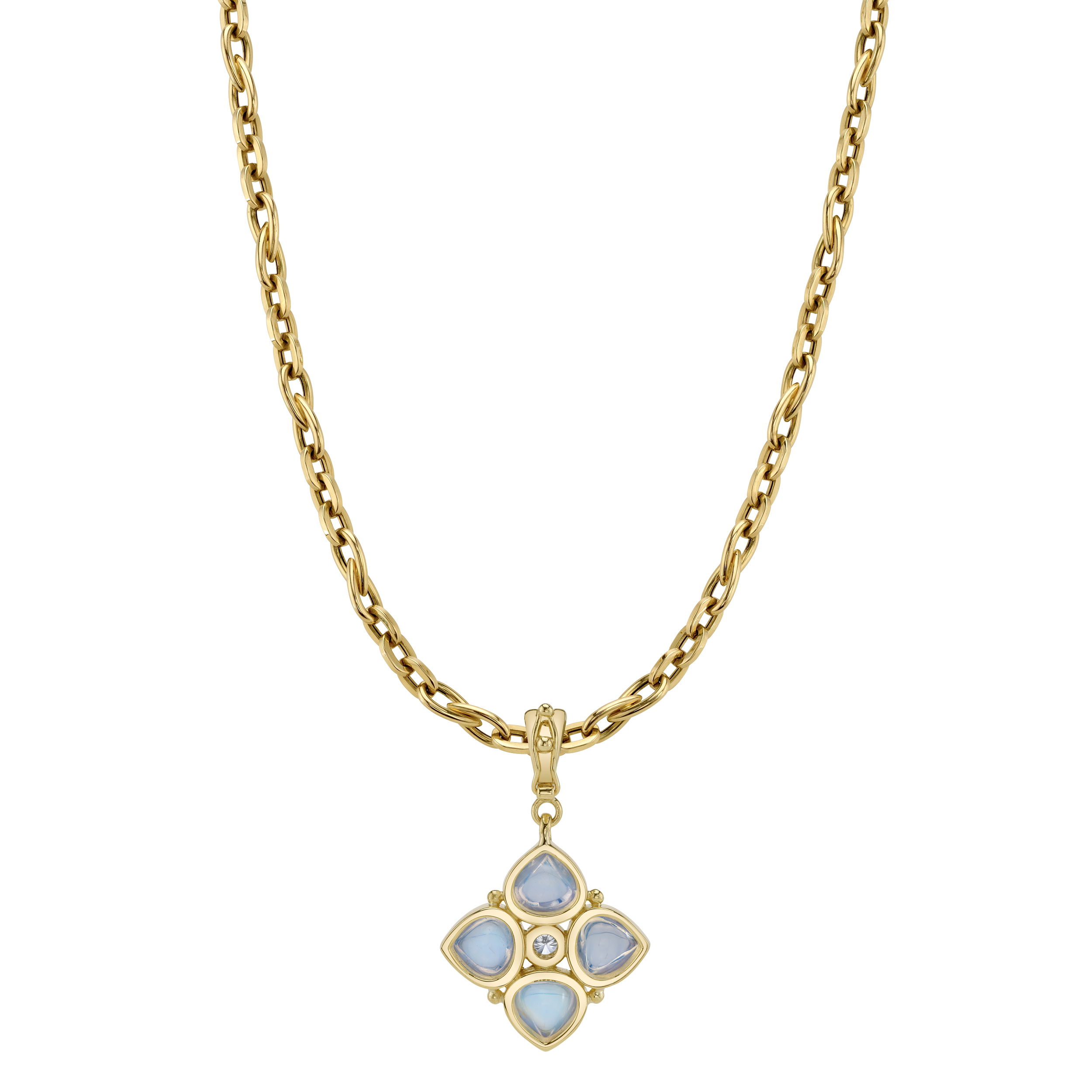 This fabulous pendant combines four heart-shaped moonstones in a unique clover design, symbolizing good fortune and even better style. Each stone is set in a radiant yellow gold. Paired perfectly with a gold chain as shown. Chain sold separately.-18k Yellow gold-Heart moonstones, 7.54cts-Round diamonds, 0.18ctsItem# 806-00499 Felicity Pendant