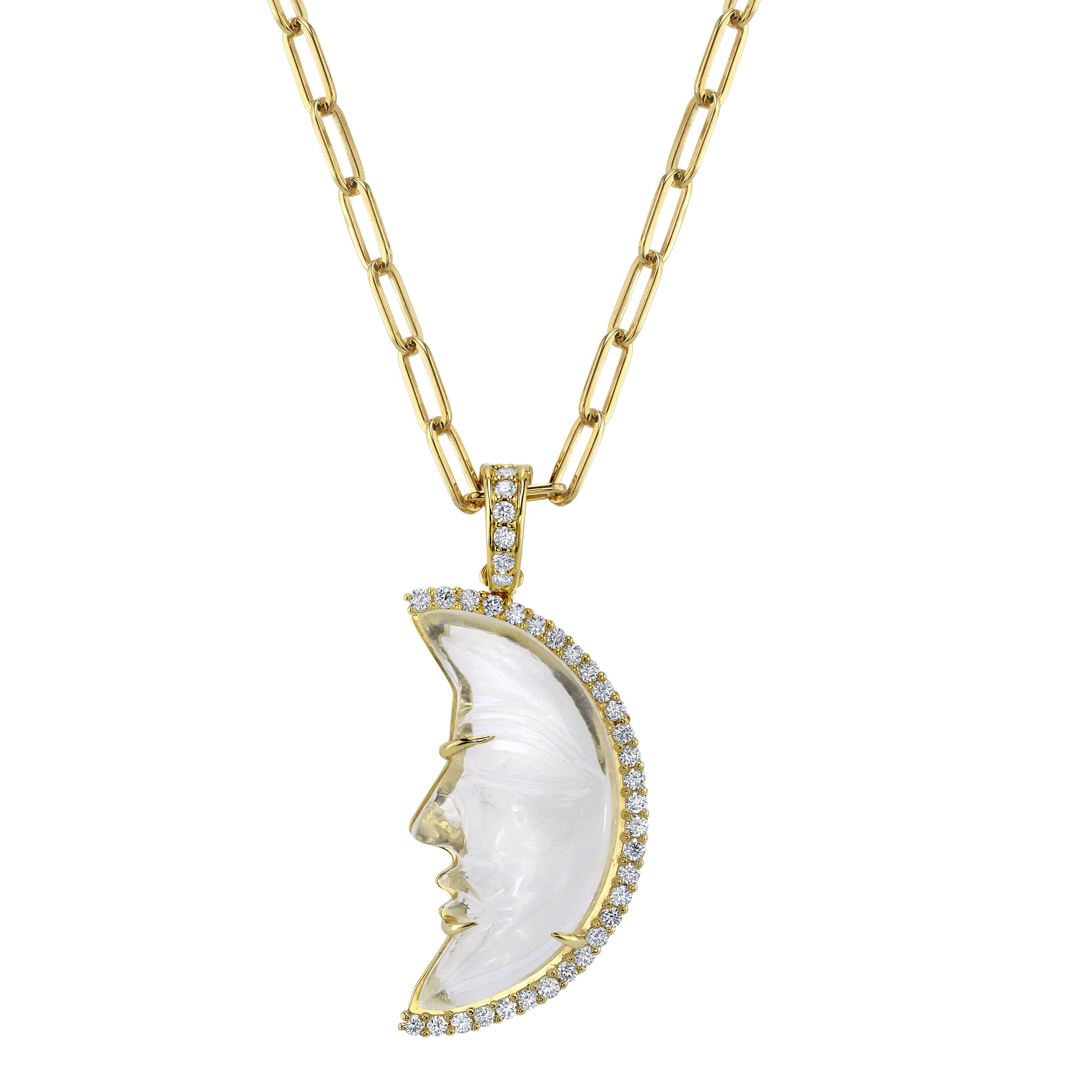 This stunning 18k yellow gold moonstone pendant is a celestial masterpiece. The “La Luna” pendant is the perfect addition to anyone’s jewelry box. Chain sold separately.-18k Yellow gold-Carved moonstone-Diamonds, 0.36ctsItem# 001-806-00502 La Luna Pendant