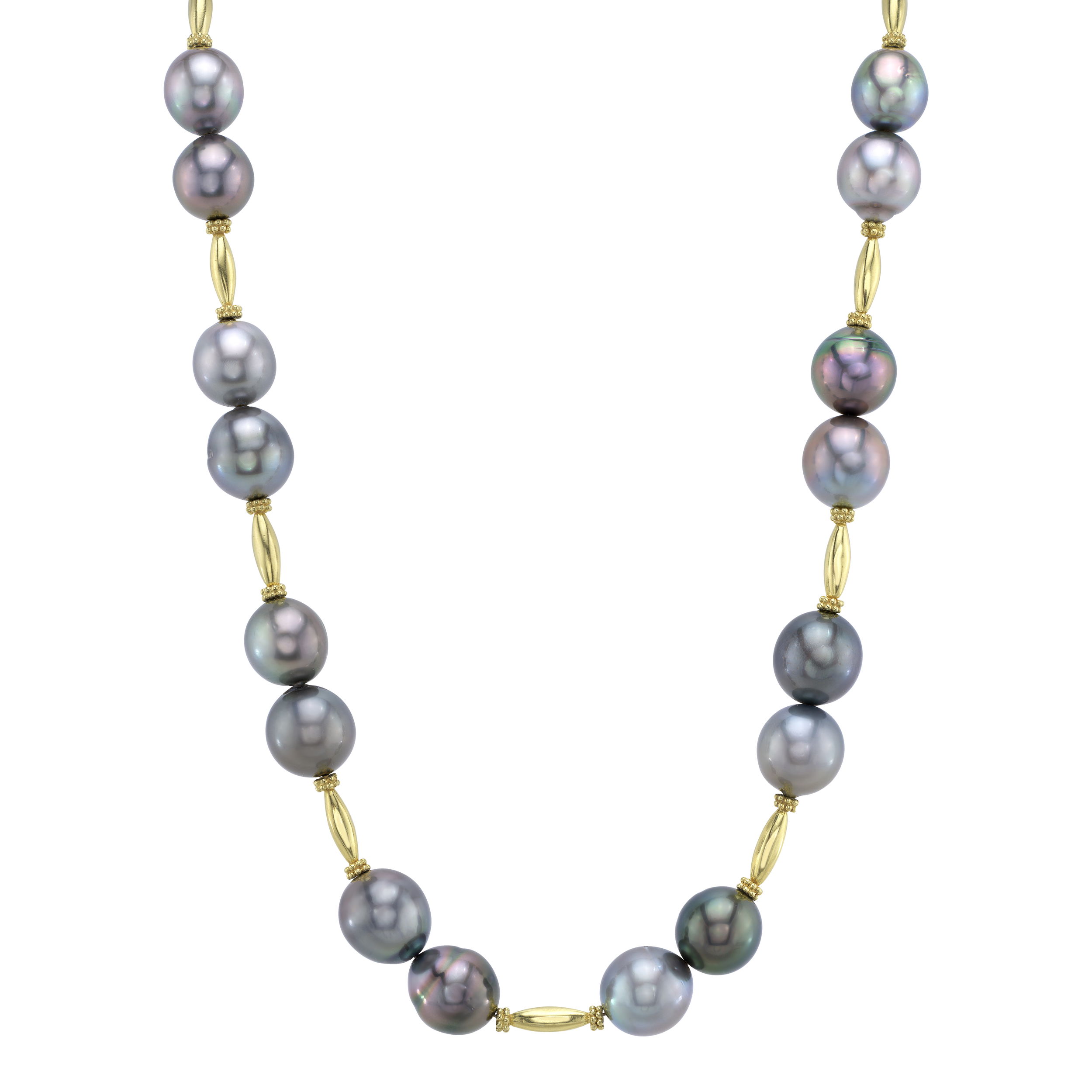 This Tahitian pearl necklace, crafted from 18k yellow gold, showcases the rich, dark luster of its stunning pearls. The warm gold setting enhances the natural beauty of the pearls, making it a timeless piece for both everyday wear and special occasions.-18k Yellow gold-Tahitian pearls-Length 17.5”Item# 807-00748 Jean Necklace