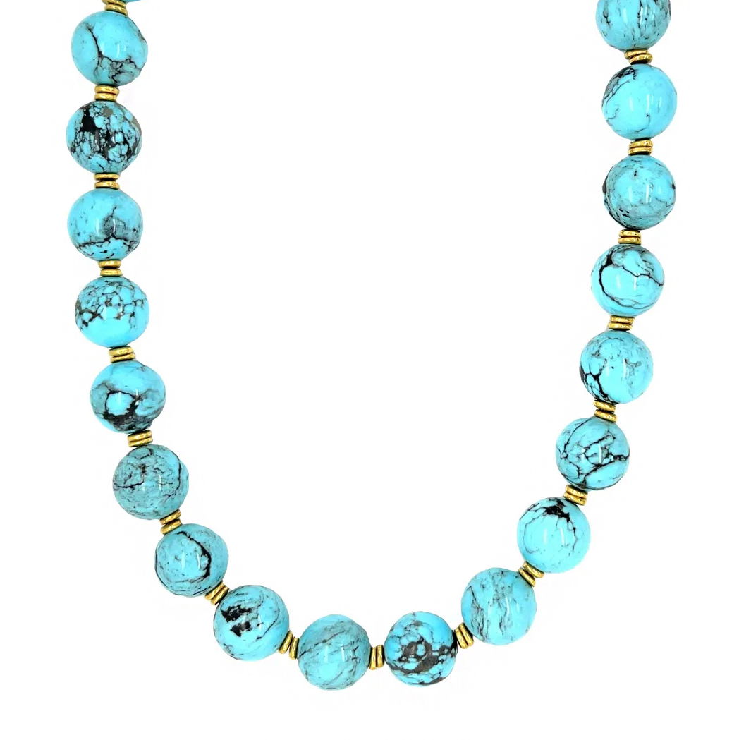 The Serenity Necklace is a timeless design, featuring vibrant turquoise beads accented with 18k yellow gold. Whether for everyday wear or special occasions, it adds a beautiful touch of color to any collection.-18k Yellow gold-Length 16”-Turquoise beadsItem# 807-00749 Serenity Necklace