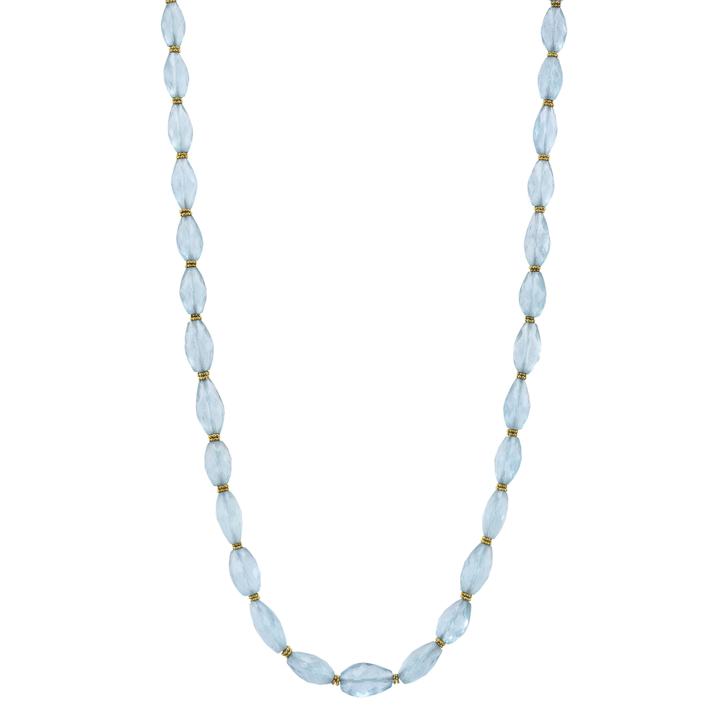 The Nessa Necklace combines shimmering aquamarine beads with 18k gold for a refined, modern aesthetic. Wear it to elevate your favorite dress or add charm to a simple blouse.-18k yellow gold-Aquamarine Beads-Length 18" Item# 80700801 Nessa Necklace