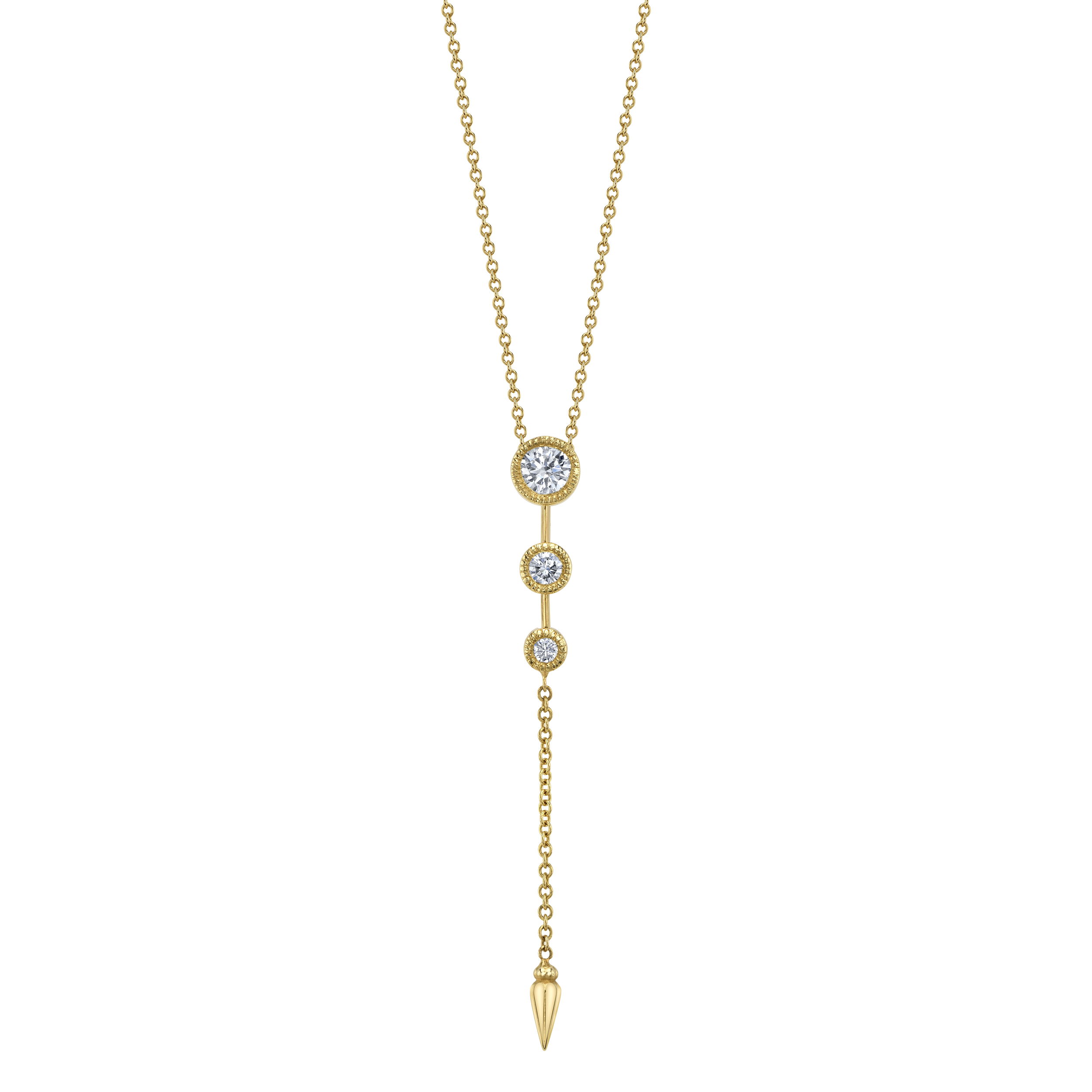 The Diana Necklace elegantly drapes the neckline with 18k yellow gold and cascading round brilliant-cut diamonds, with a delicate drop at the bottom adding the perfect finishing touch.-18k Yellow gold-Round diamond, 1.06ct G-H/SI-Length 17"Item# 807-00911 Diana Necklace