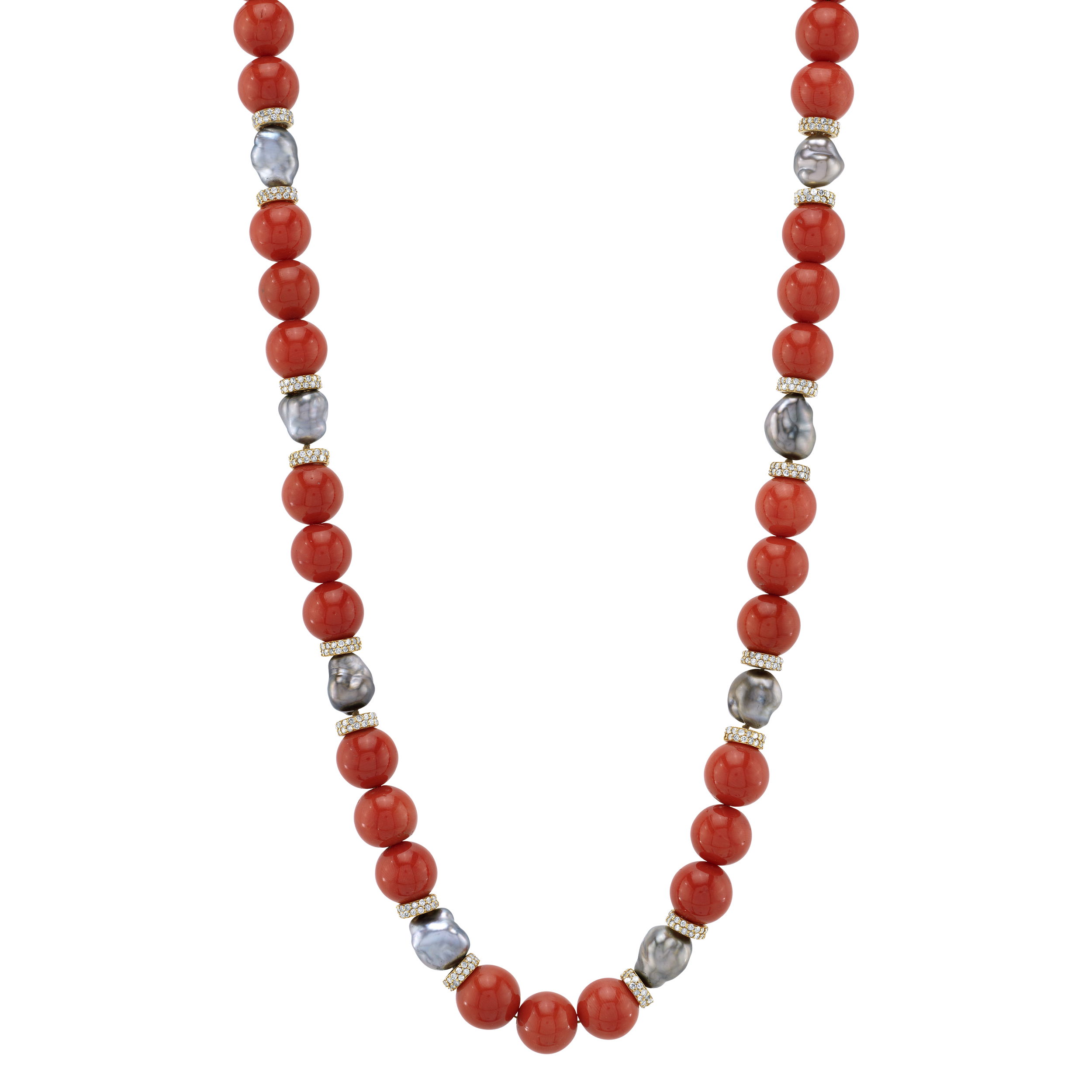 This necklace features a harmonious mix of coral beads and silver pearls, all held together by a rich 14k yellow gold clasp. Petite diamonds add a touch of sparkle, perfect for adding a bit of glamour to any evening.-14k yellow gold-Coral-Pearls-Round diamond-Length 17"Item# 807-00915 Coraline Necklace