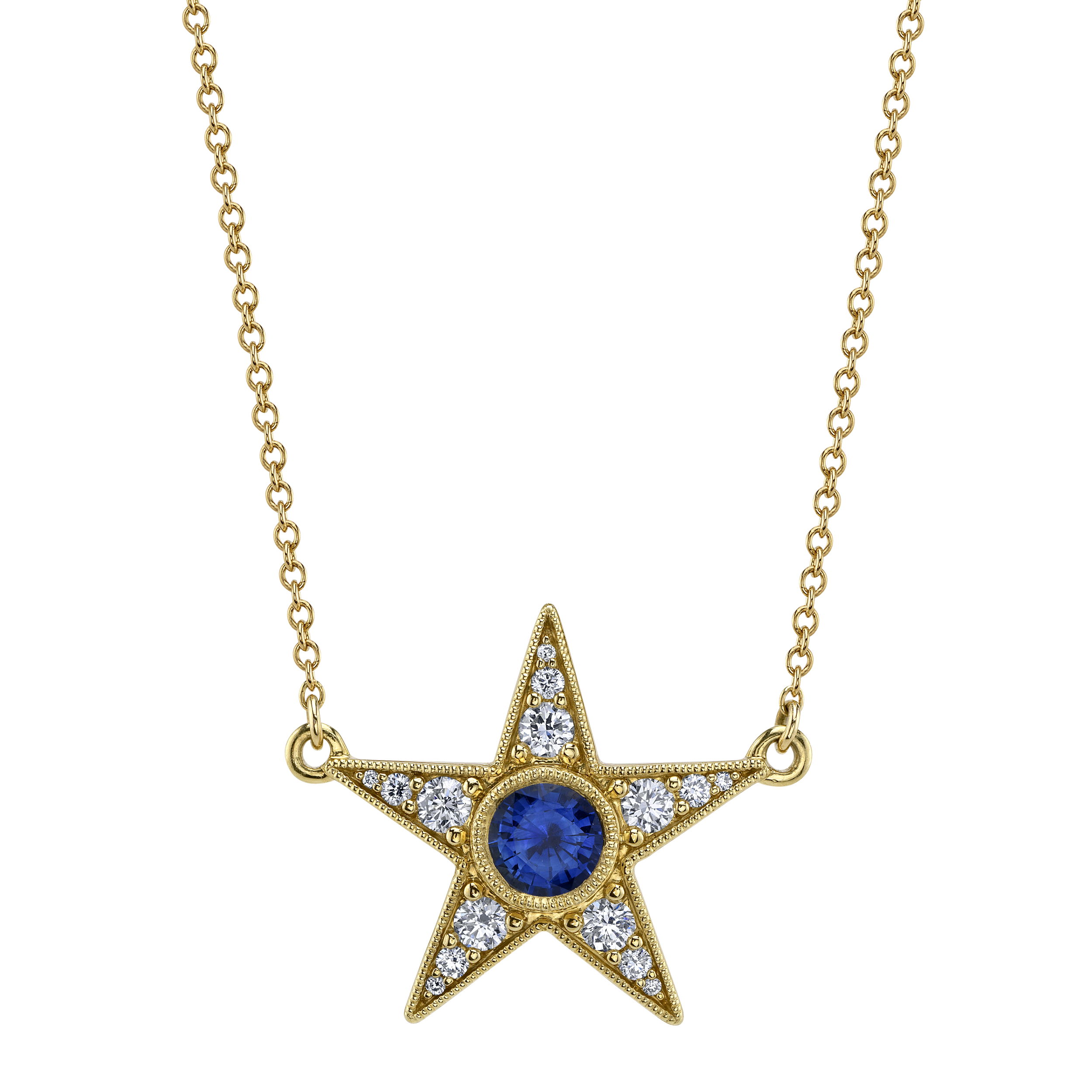 The "Starlette Necklace" shines with a brilliant round sapphire framed by sparkling diamonds, all set in 18k yellow gold. This beautiful piece adds a radiant touch of color and elegance, perfect for both refined everyday style and special moments.-18k Yellow gold-Round Sapphire, 0.60cts-Round diamonds, 0.36cts-Length 18”Item# 807-00918 Starlette Necklace in Yellow Gold