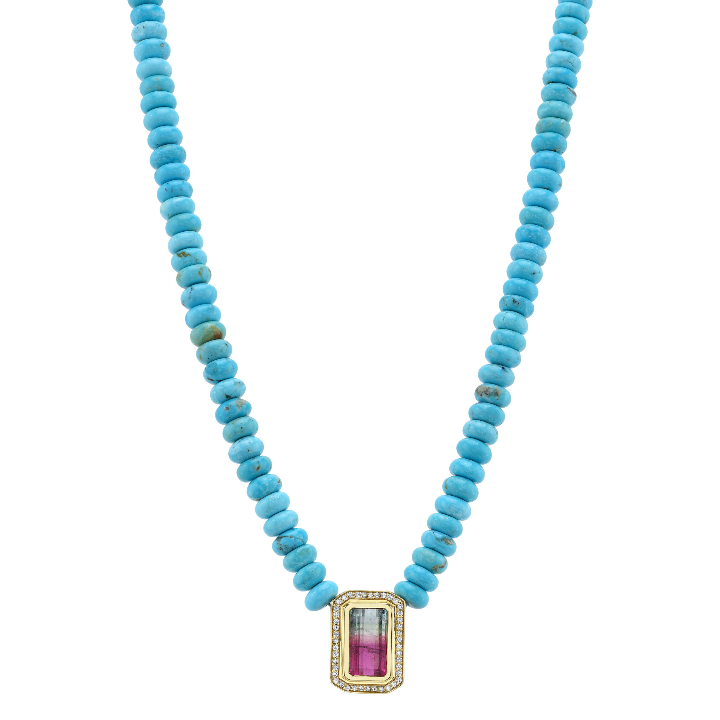 The Wanderlust Necklace, crafted in 18k yellow gold with turquoise, emerald tourmaline, and diamonds, is made for those who embrace a free-spirited style. Its bold design adds a touch of effortless individuality to any look.-18k Yellow gold-Turquoise beads-Emerald tourmaline, 4.47cts-Round diamonds, 0.22ctsItem# 807-00925 Wanderlust Necklace